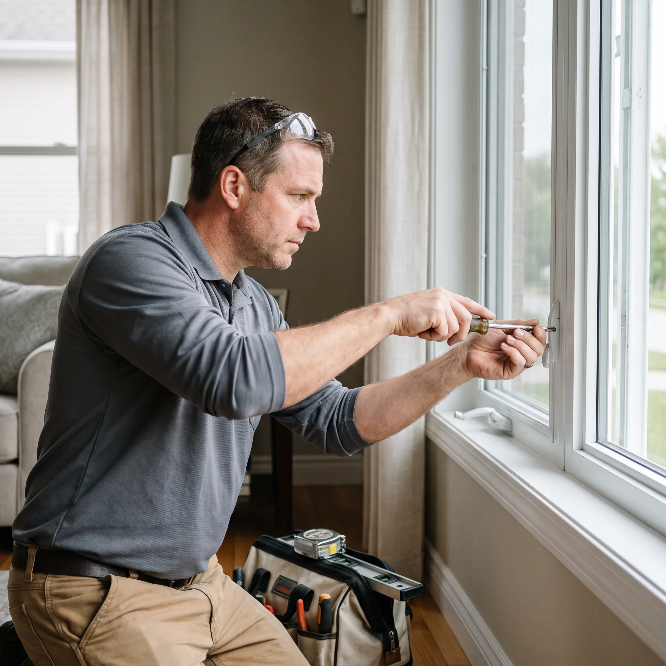 Technician repairing a residential window frame