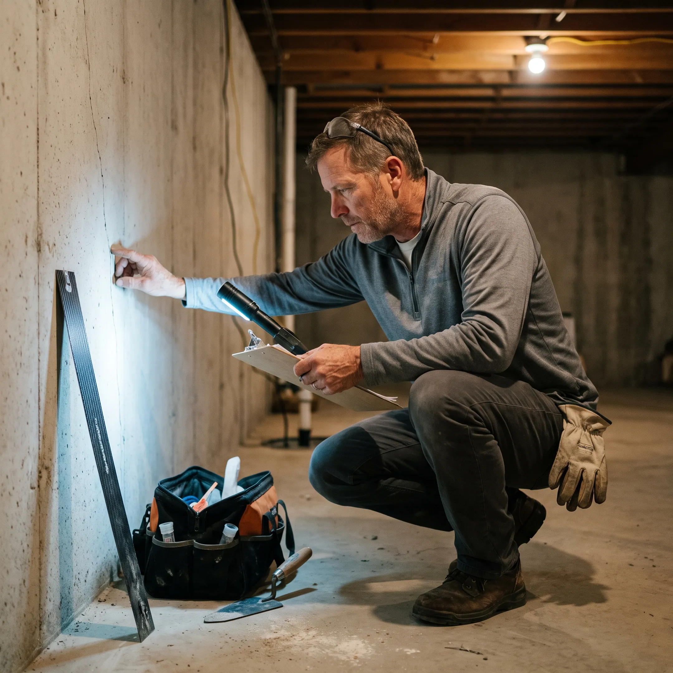 Contractor inspecting a residential basement foundation wall