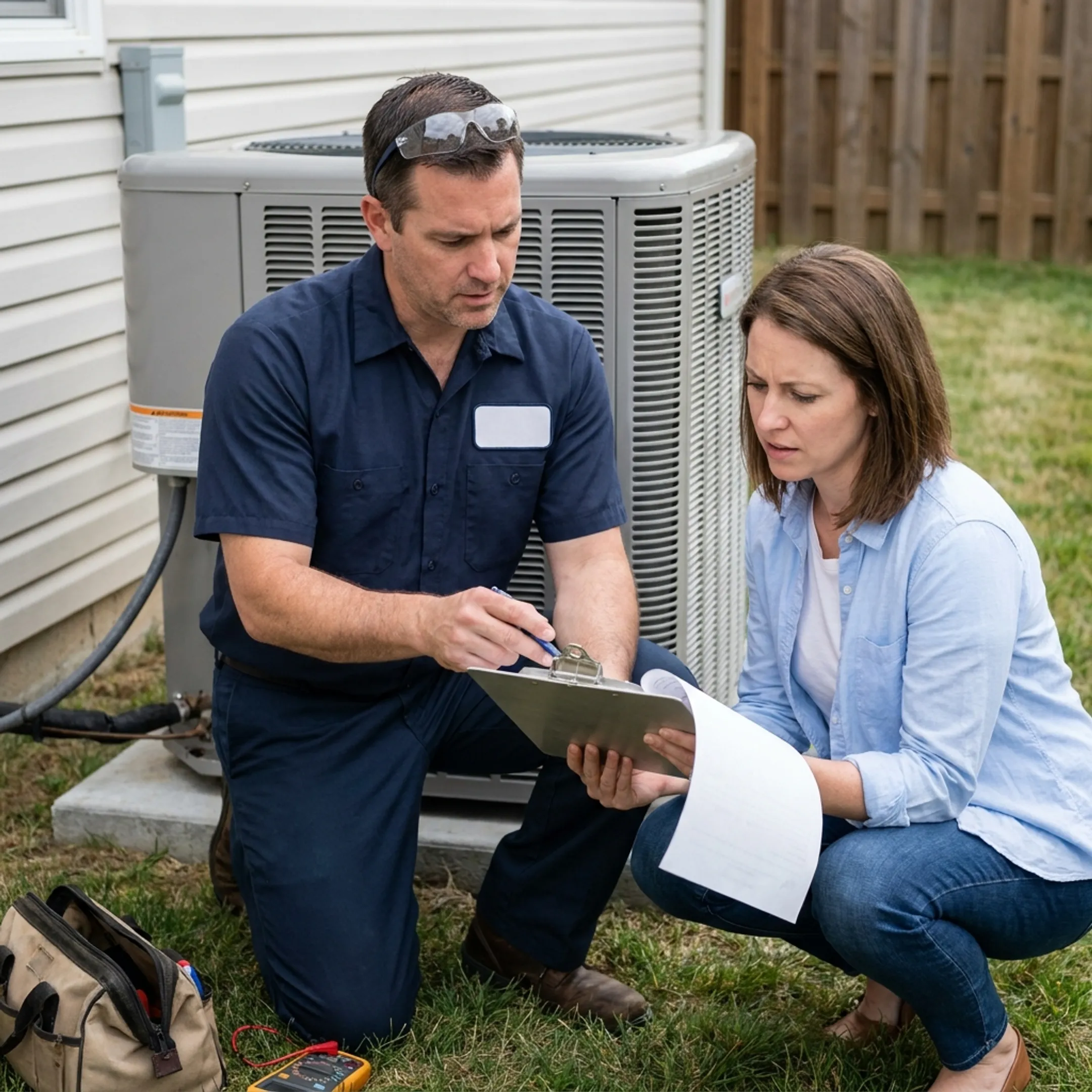 Homeowner reviewing AC maintenance estimate with technician