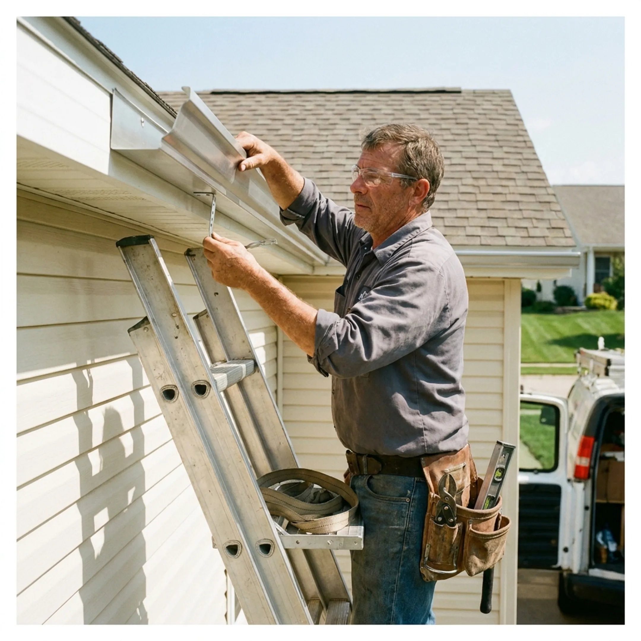 Contractor replacing gutters on a home