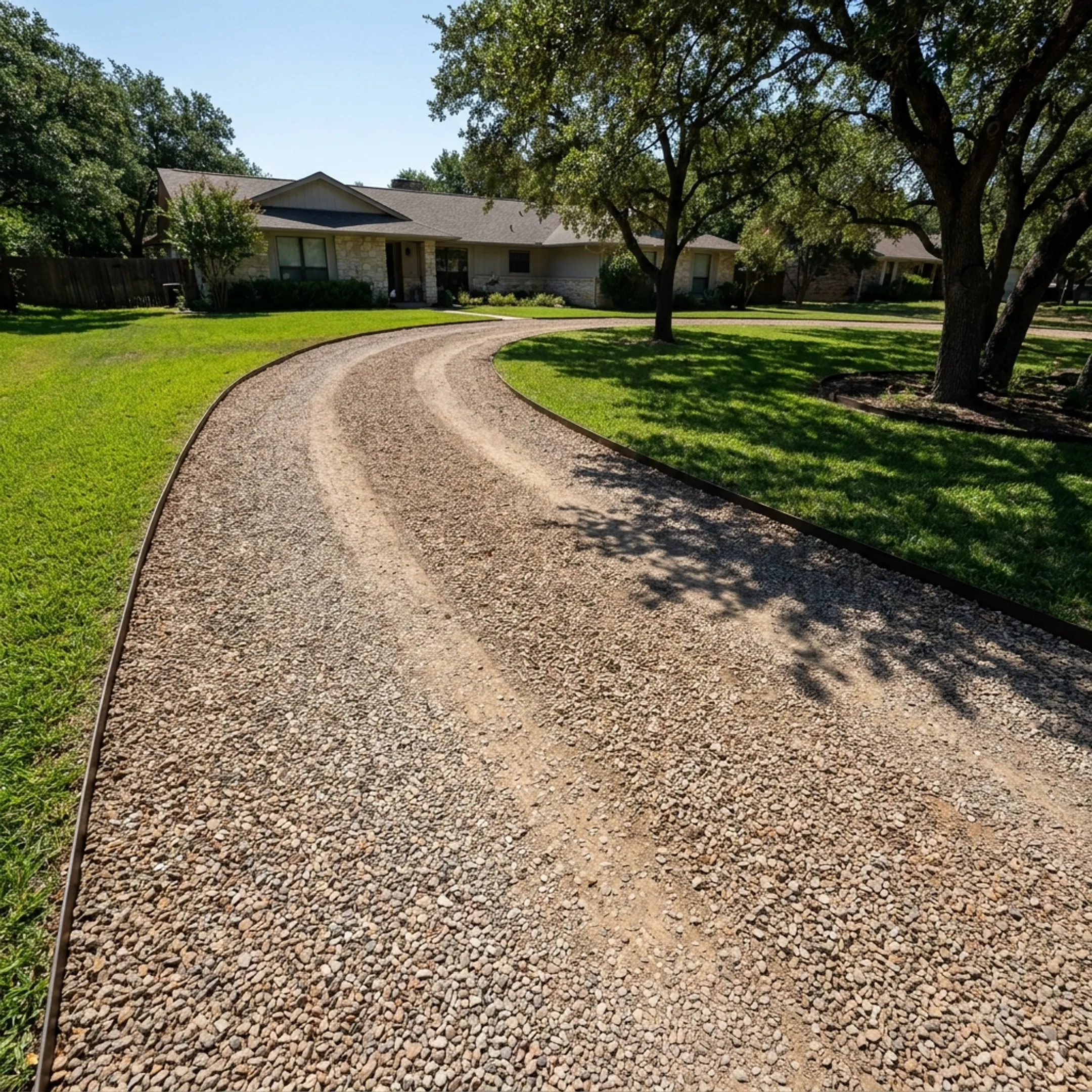 Freshly installed gravel driveway at an Austin home