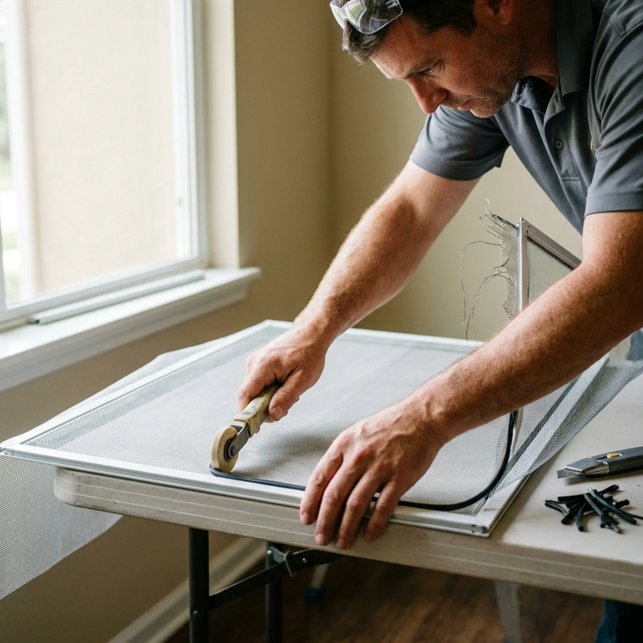 Technician repairing a residential window screen
