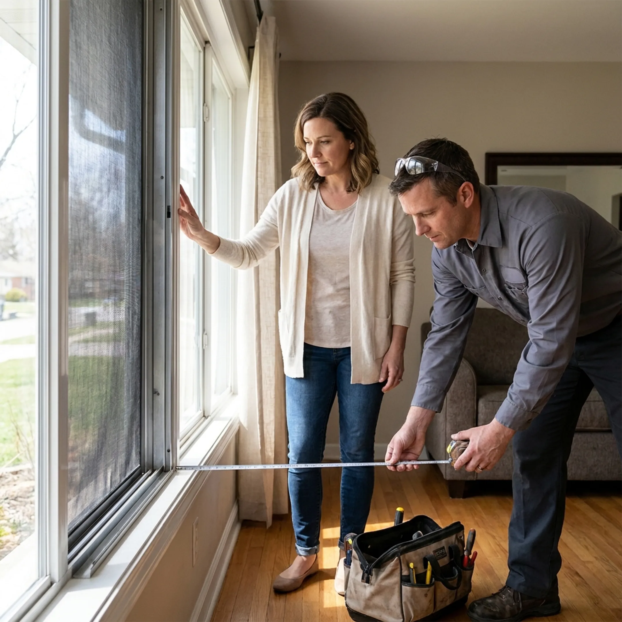 Homeowner inspecting a repaired window screen