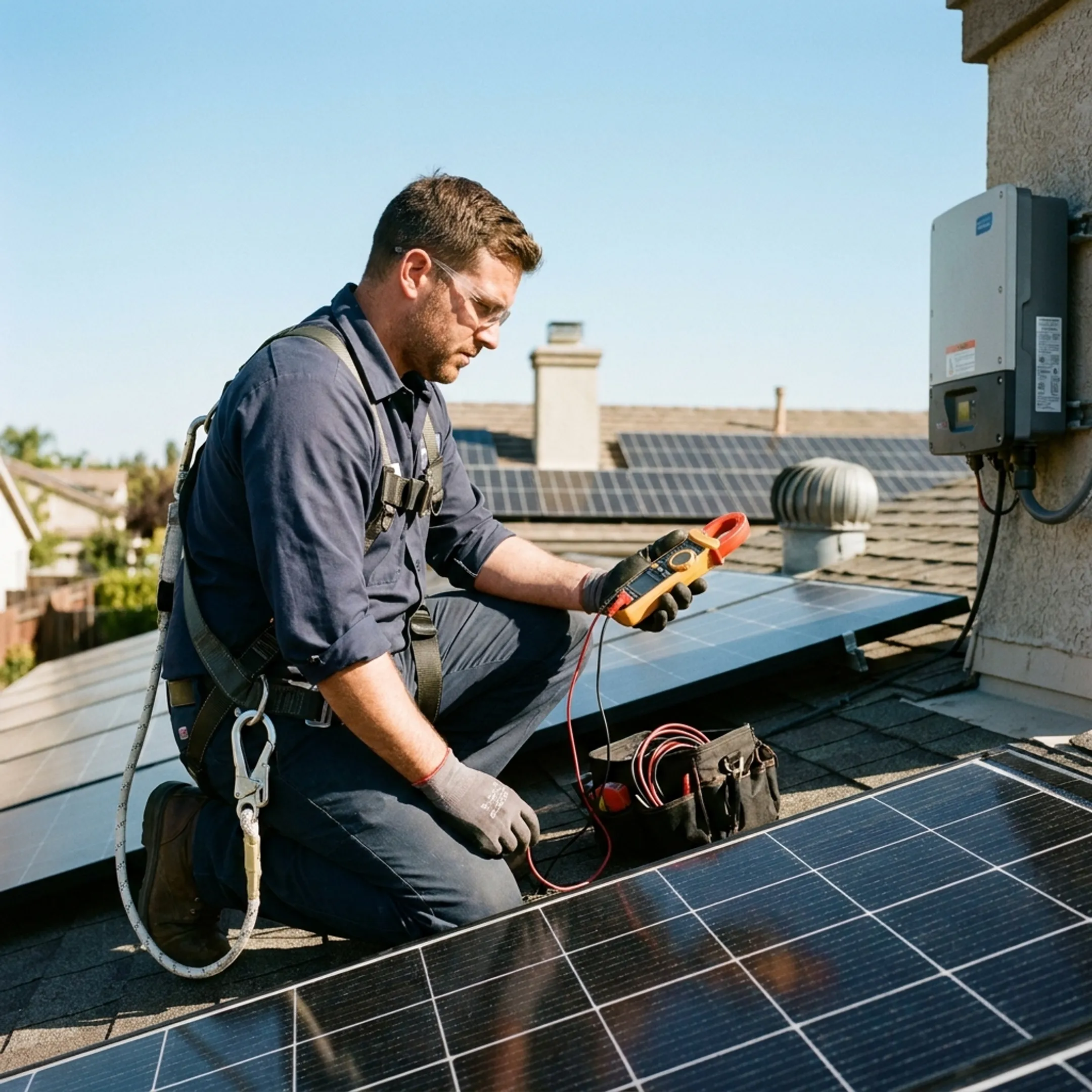 Technician inspecting residential solar panels