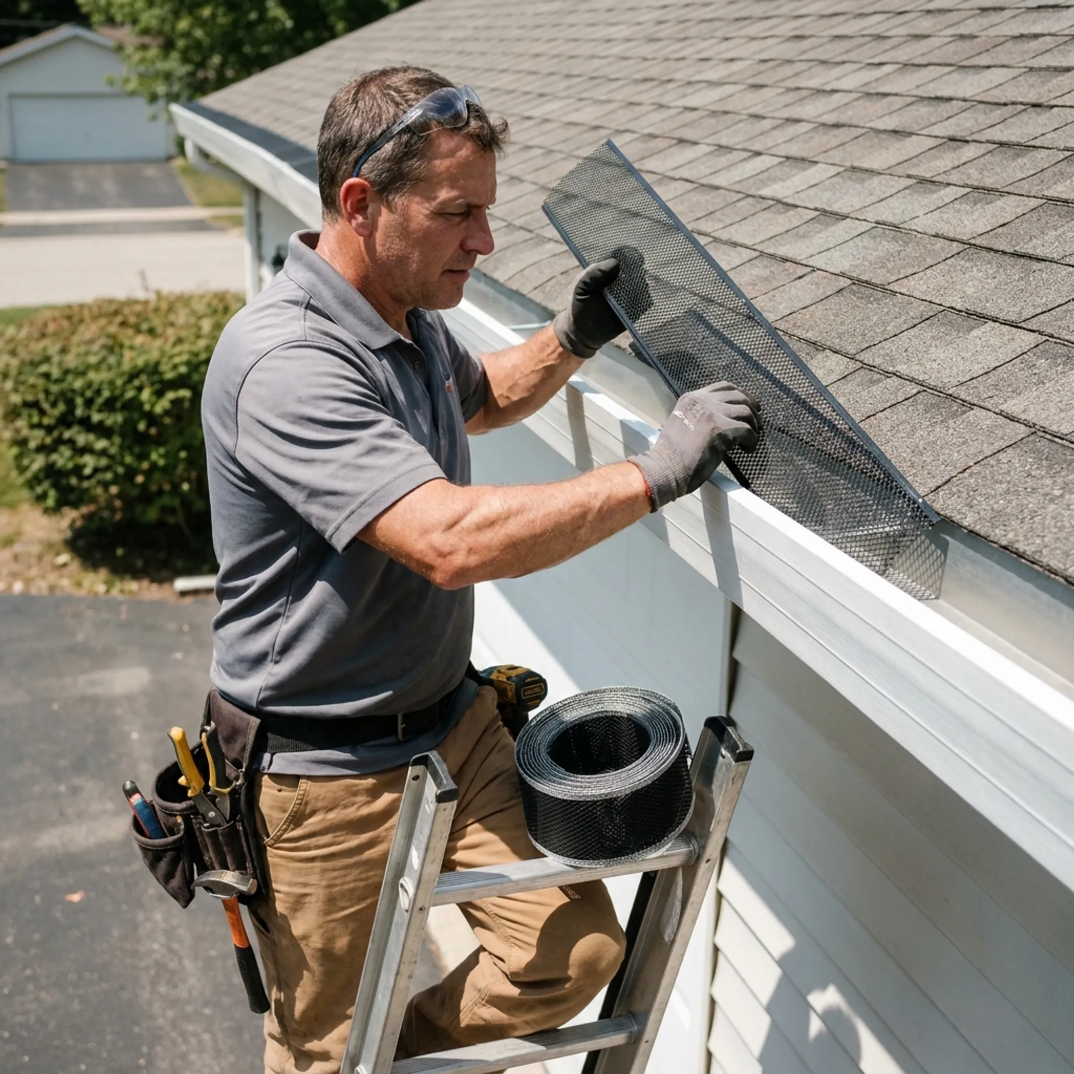 Contractor installing gutter guards on a home