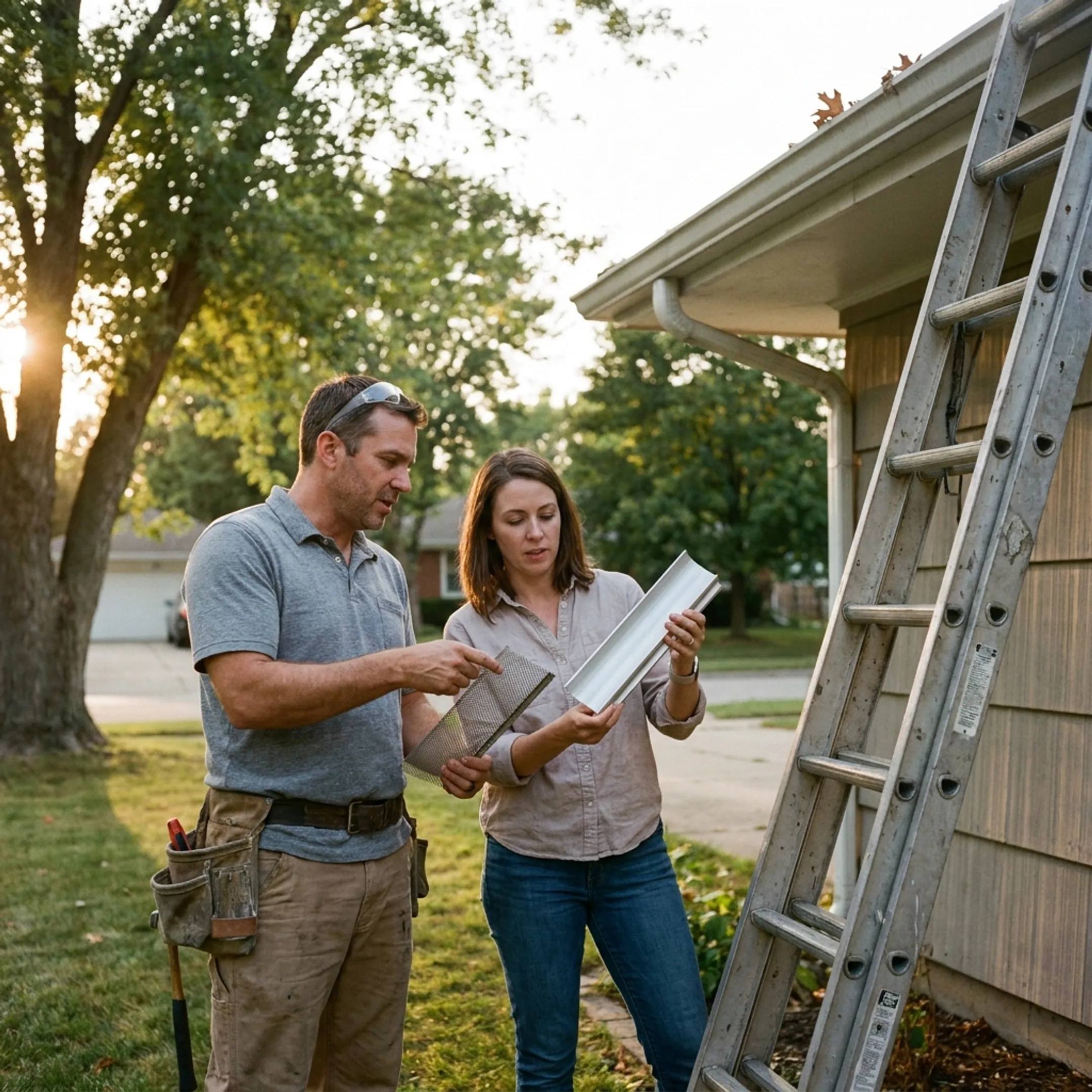 Homeowner reviewing gutter guard options with contractor