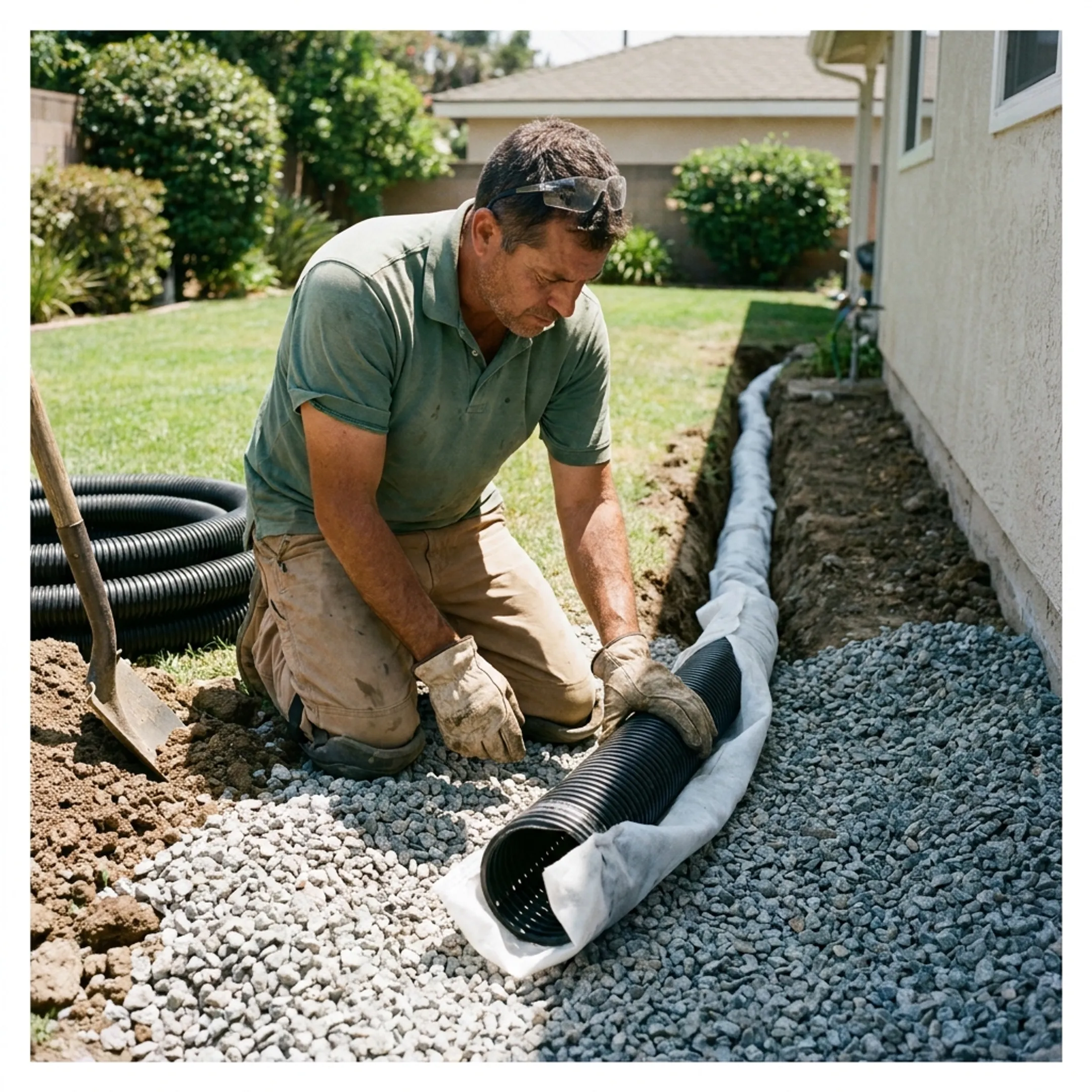 Drainage trench installation beside a residential lawn
