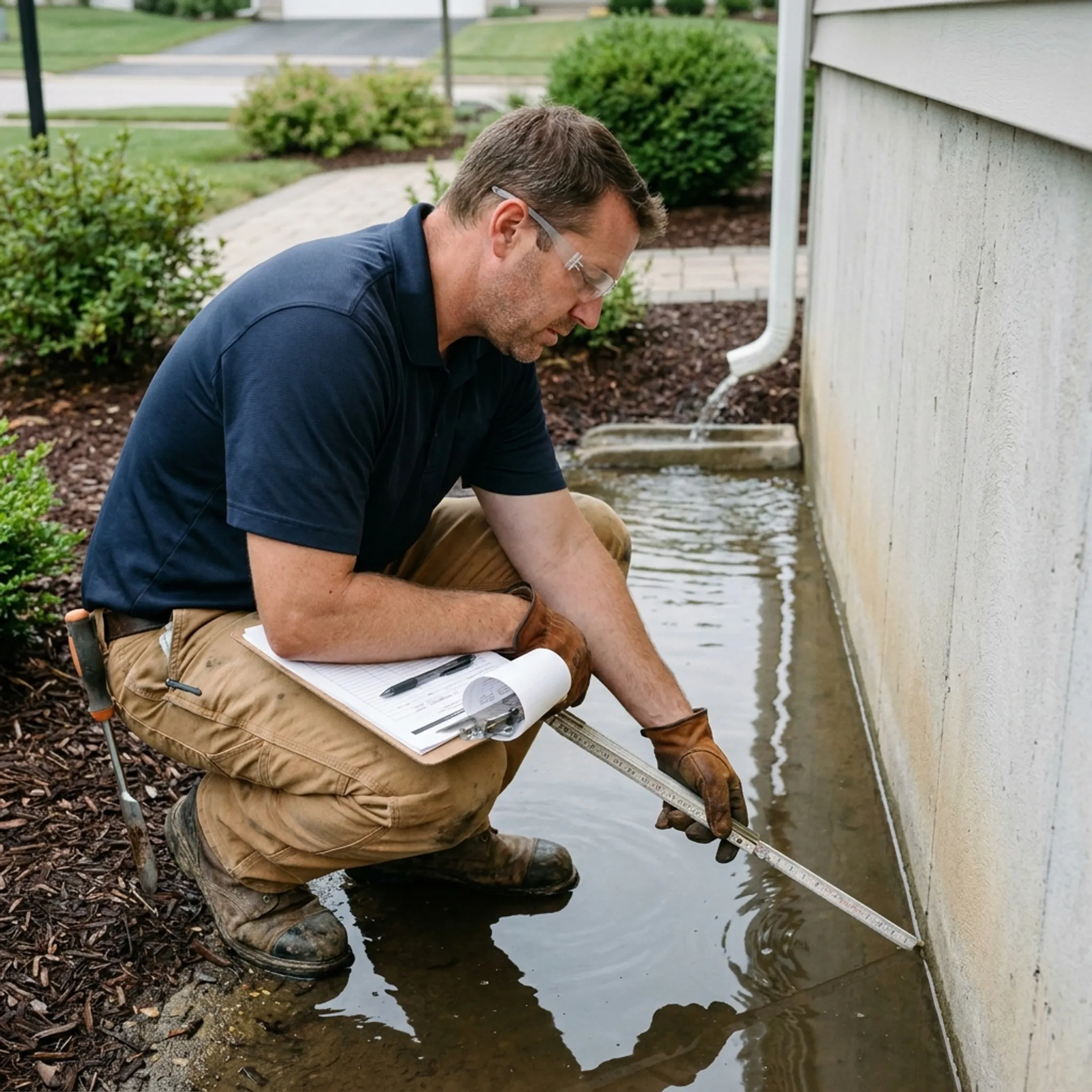 Contractor assessing standing water in a residential yard