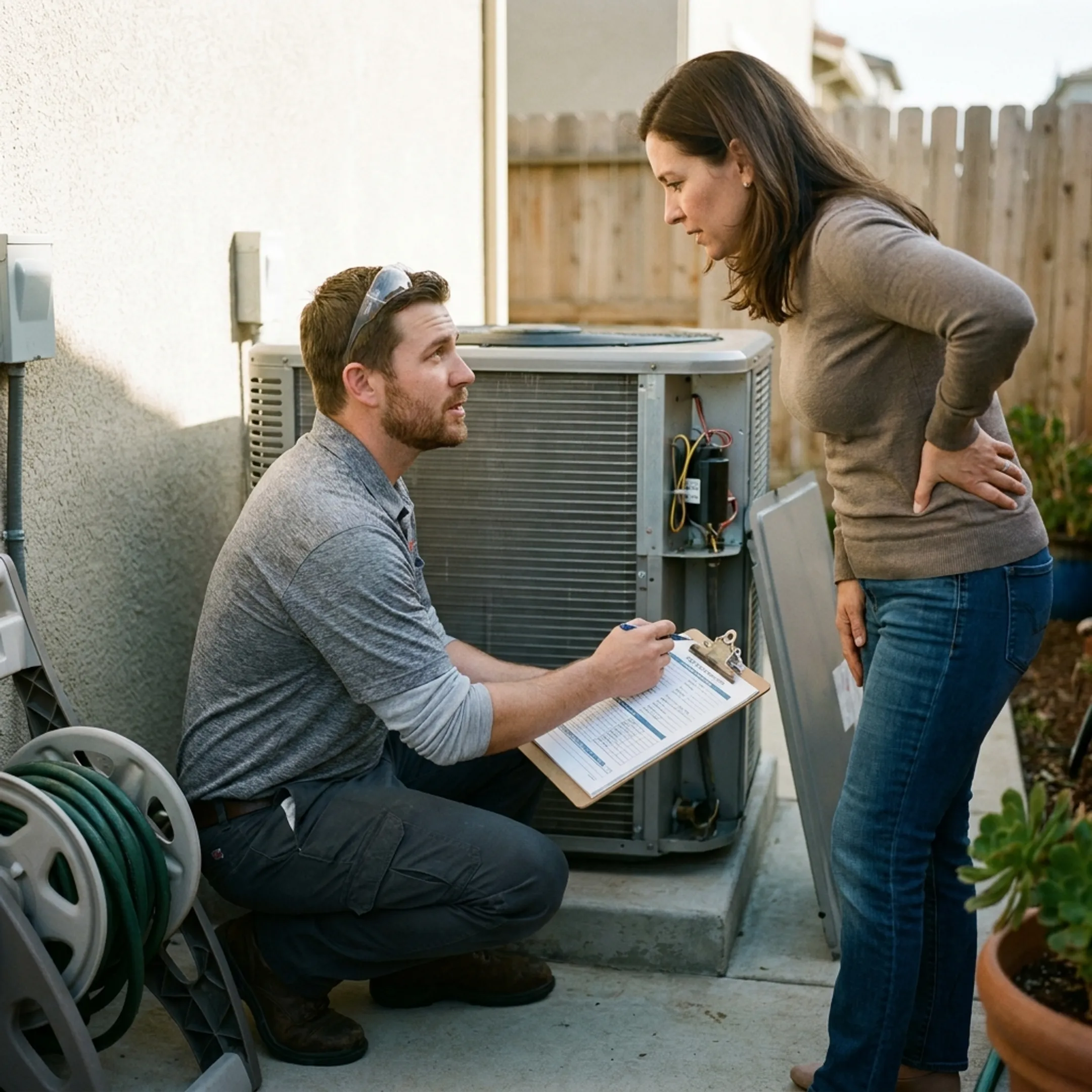Homeowner discussing HVAC repair with a technician