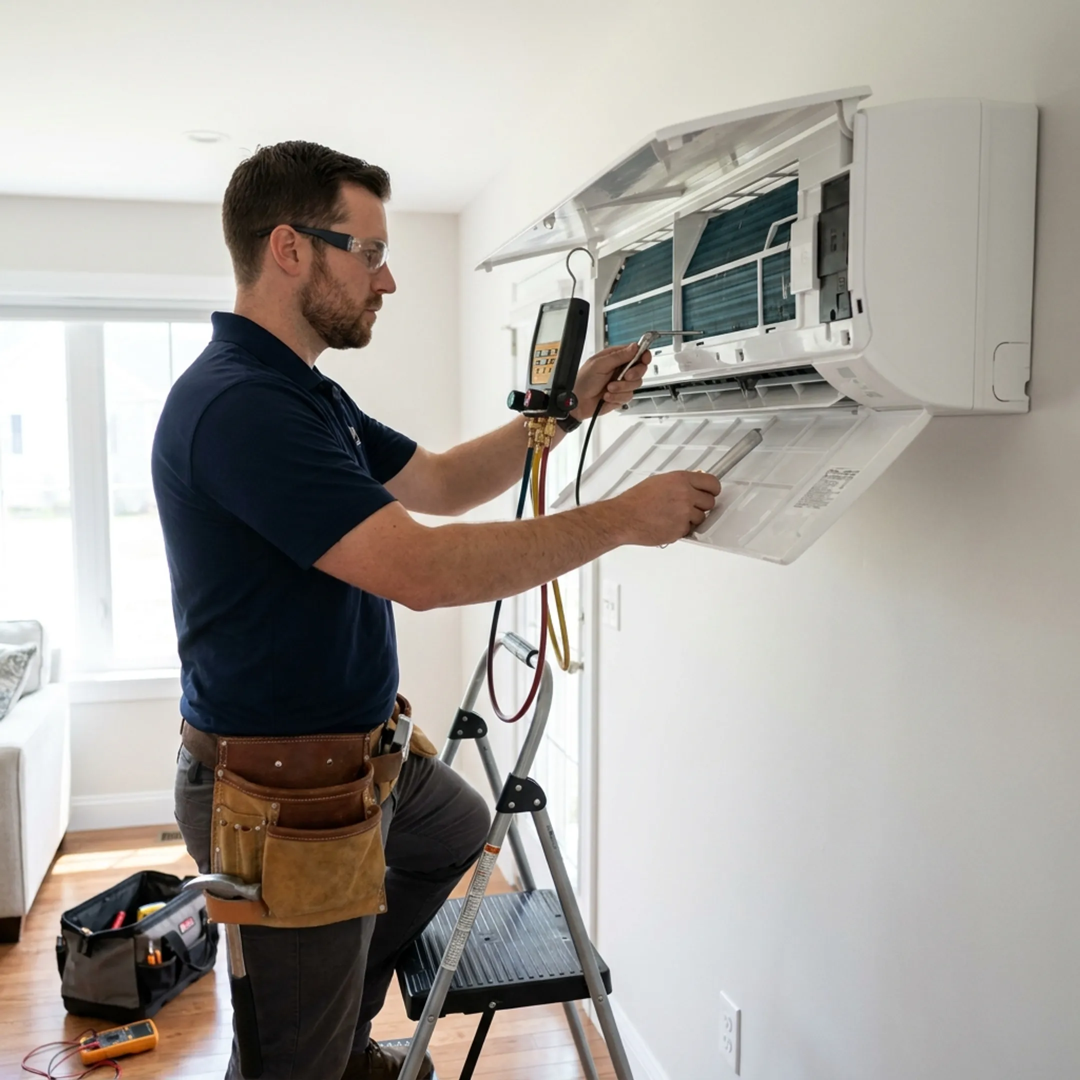 Technician inspecting a wall-mounted mini split unit