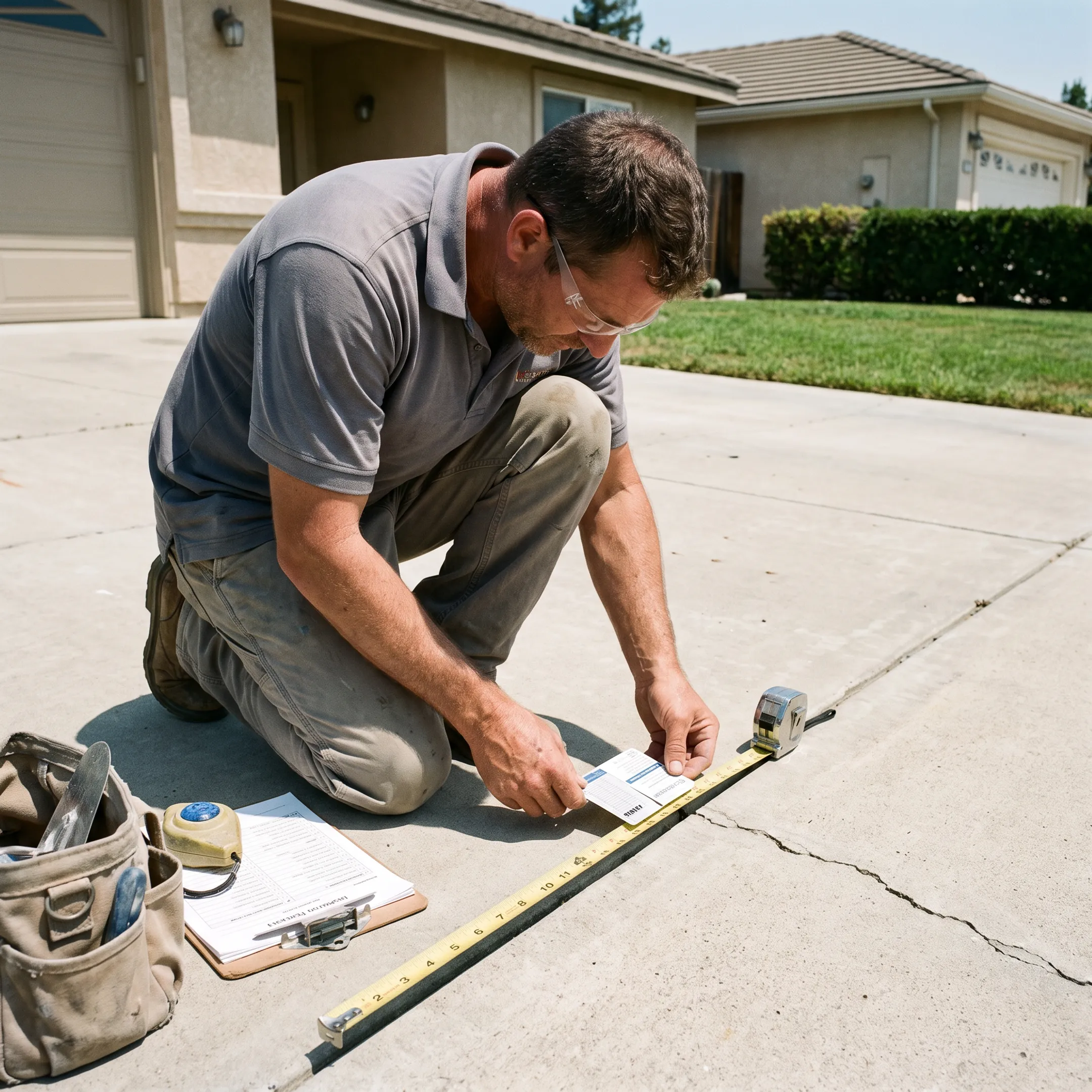 Contractor inspecting a cracked concrete driveway