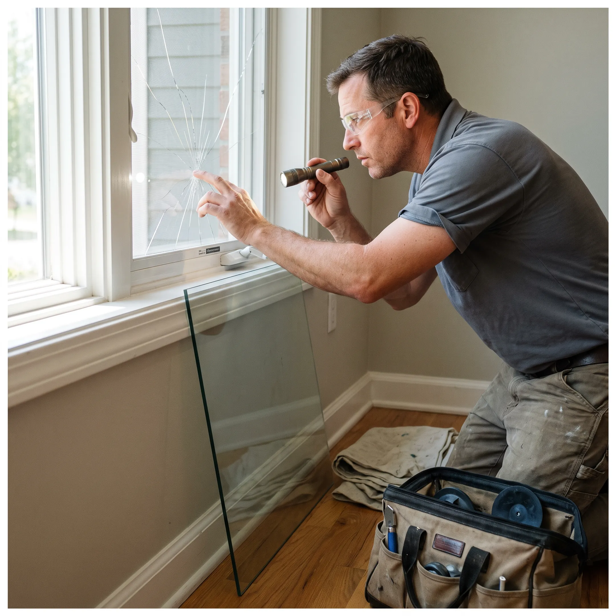 Contractor assessing a damaged residential window