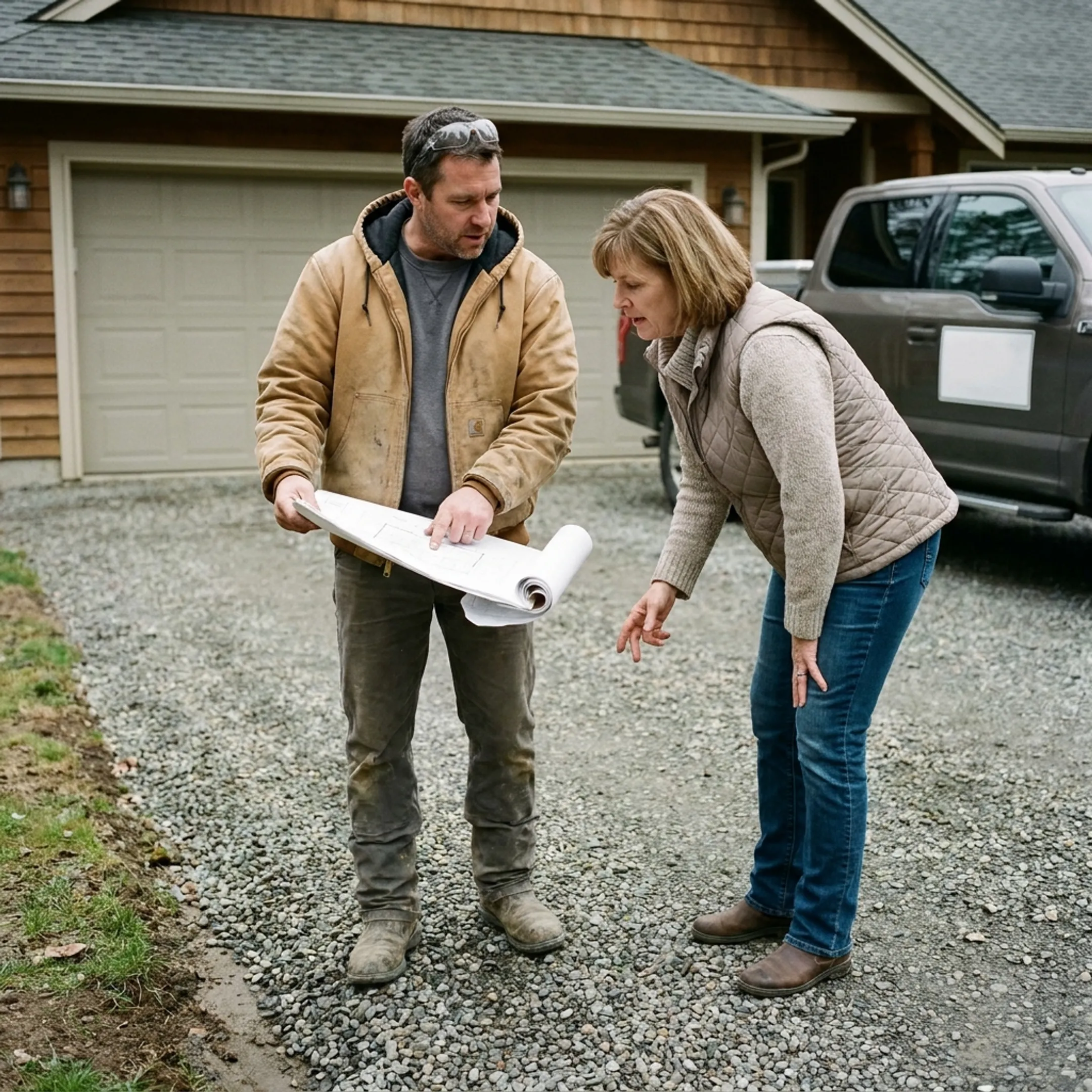 Homeowner reviewing gravel driveway plans with contractor