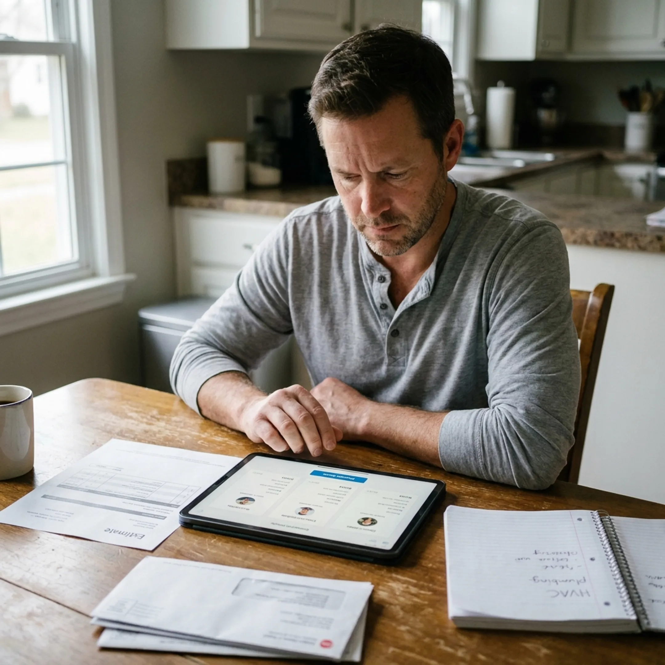 Homeowner comparing HVAC and plumbing estimates
