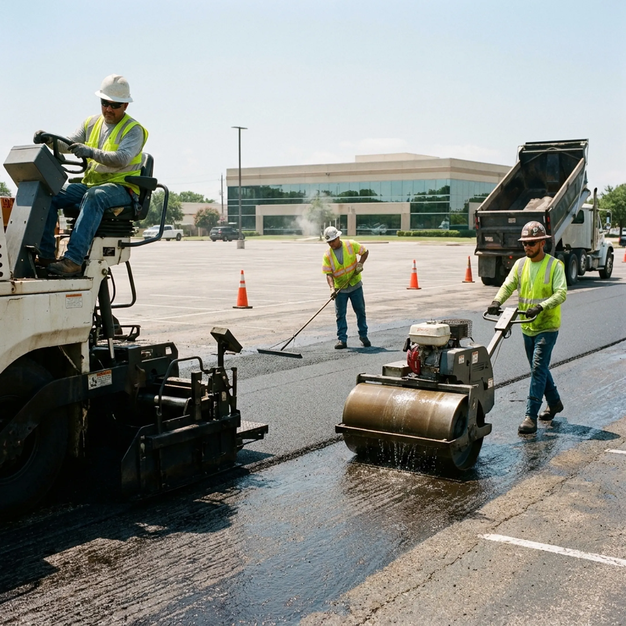 Commercial paving crew working on a Houston parking lot