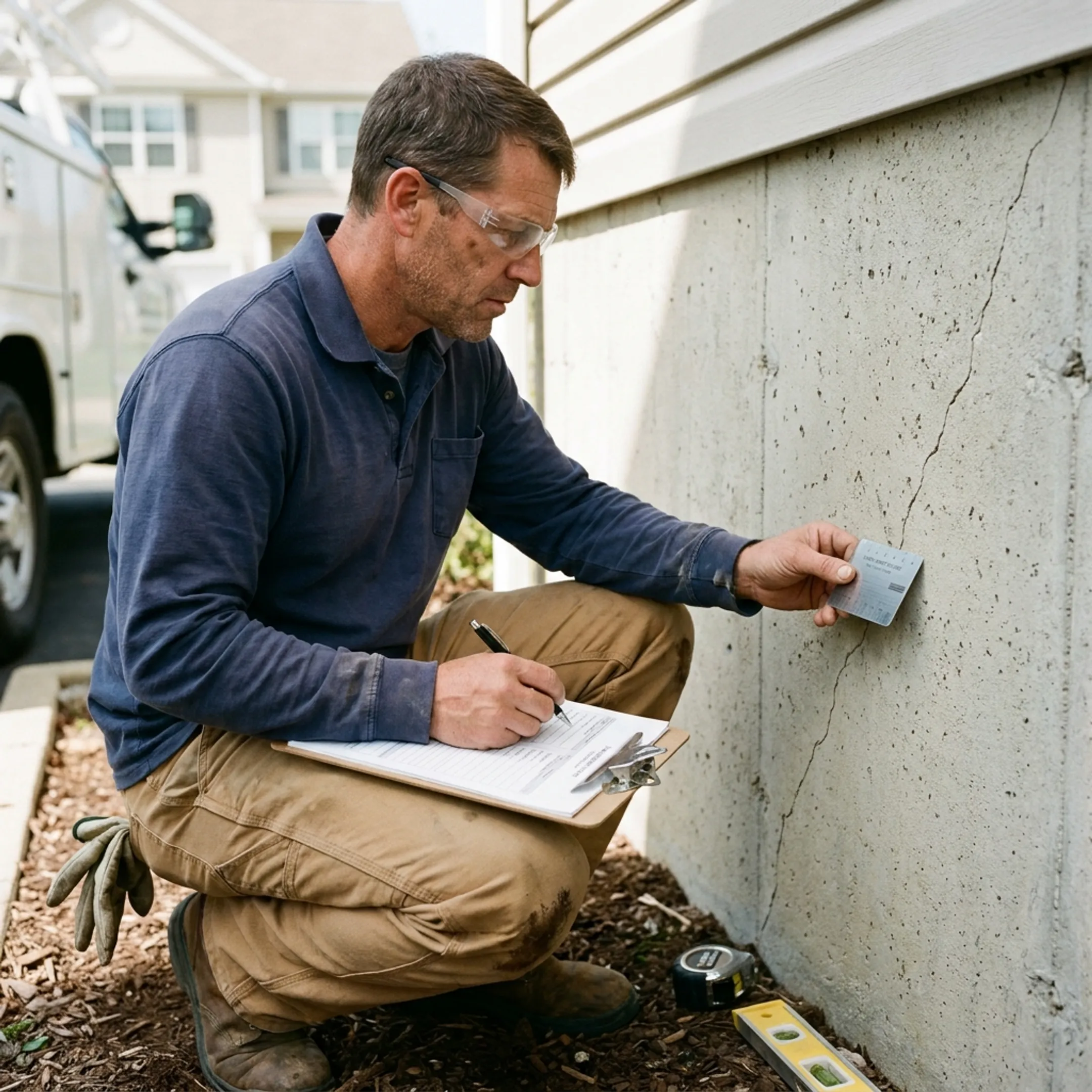 Contractor inspecting a home foundation crack