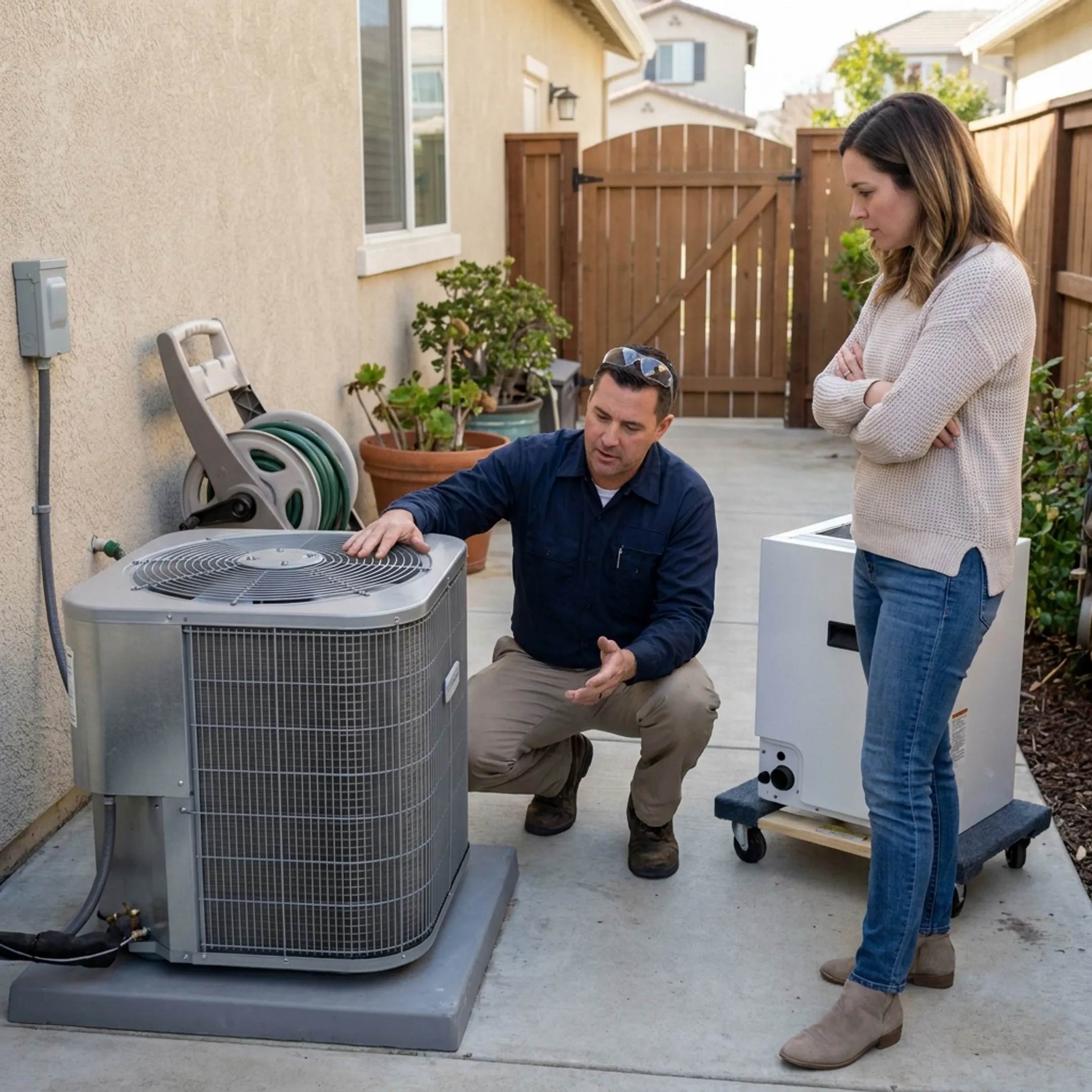 Homeowner reviewing HVAC replacement options with a contractor