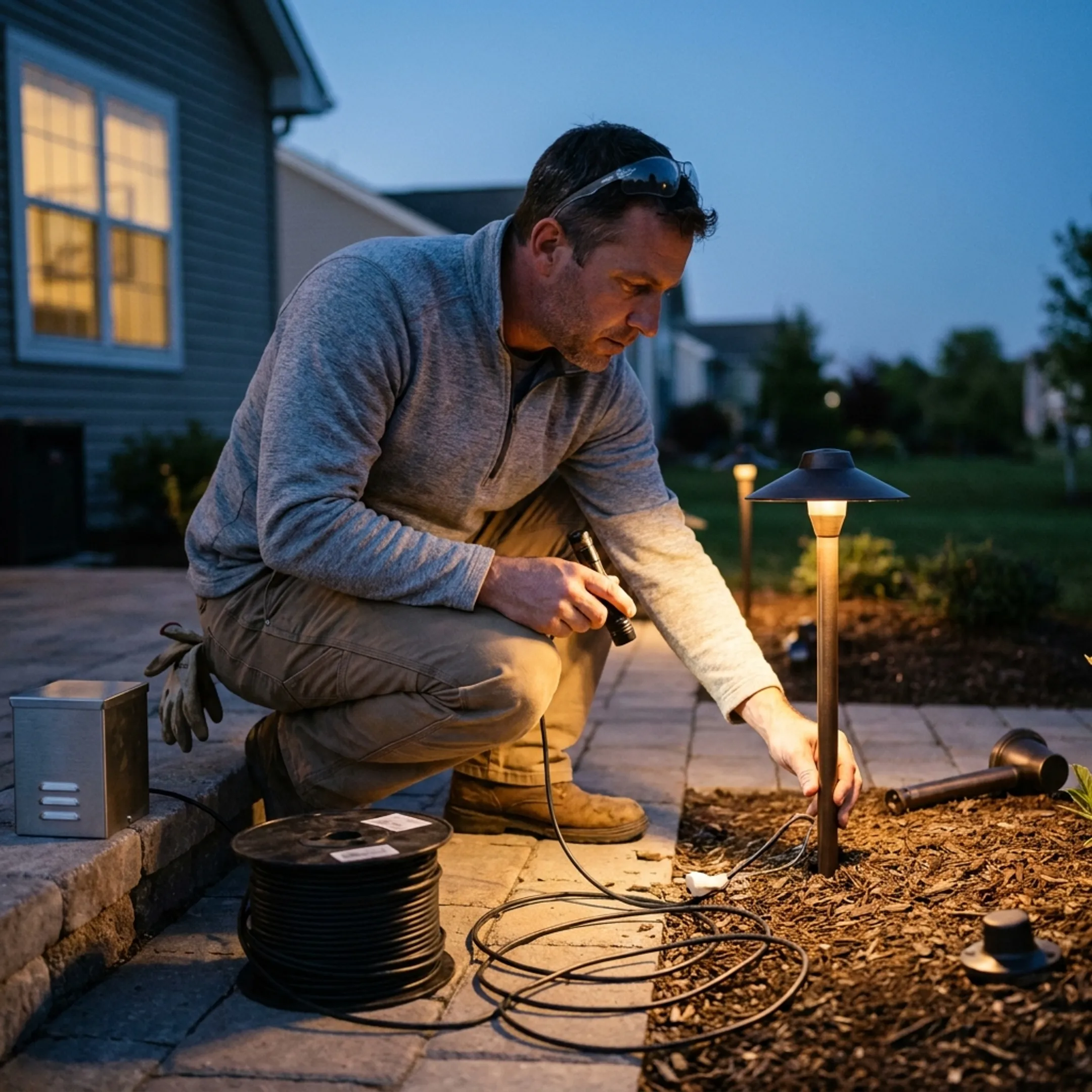 Contractor planning outdoor lighting placement