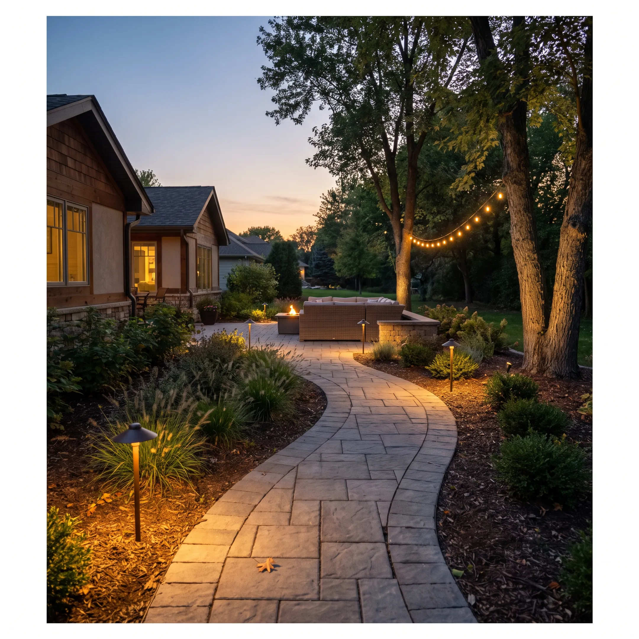 Illuminated garden pathway and patio at night