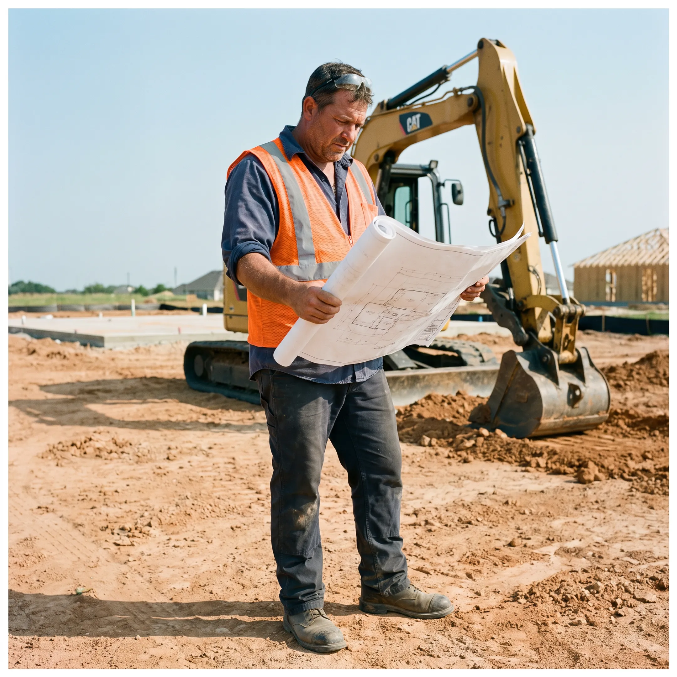 Contractor reviewing a residential excavation plan beside construction equipment