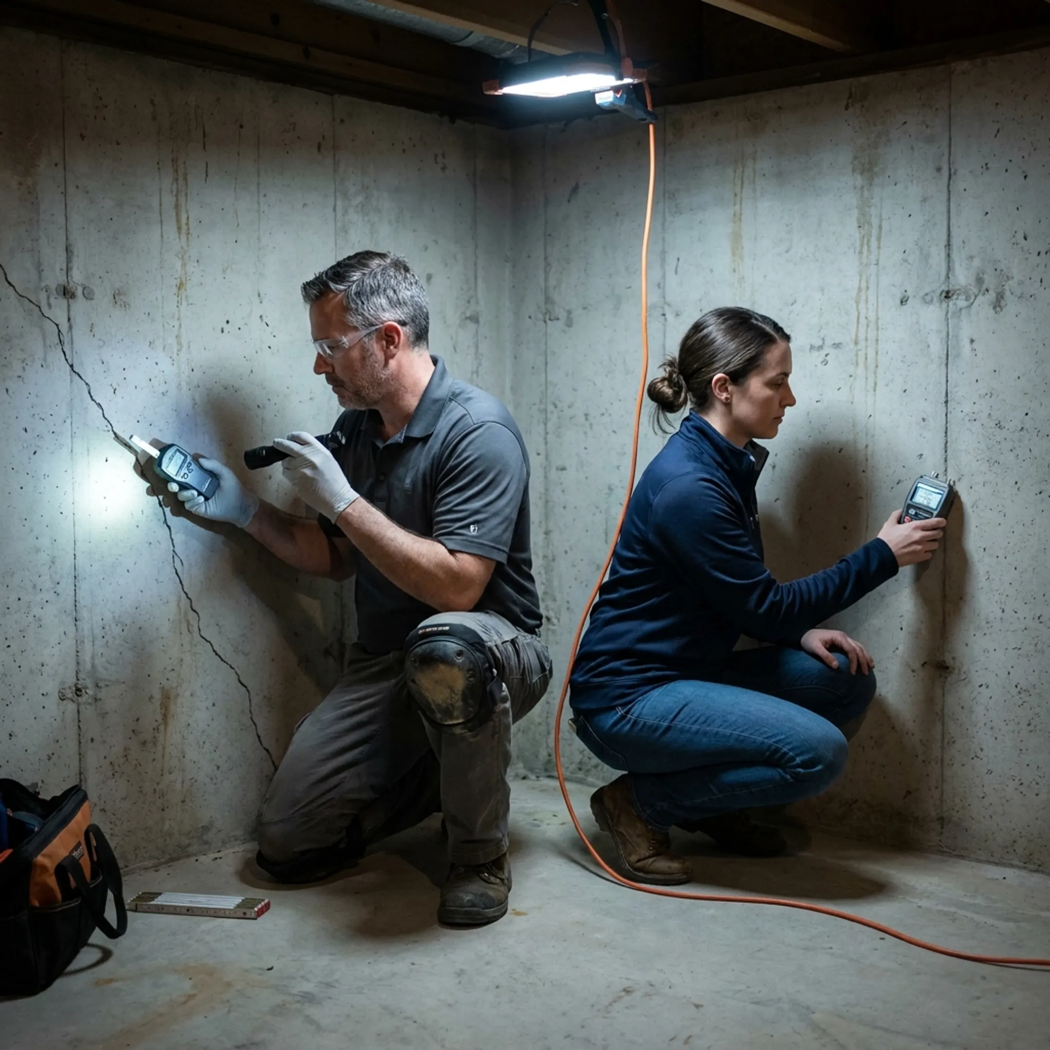 Professionals inspecting a Texas home foundation and basement for structural and moisture concerns