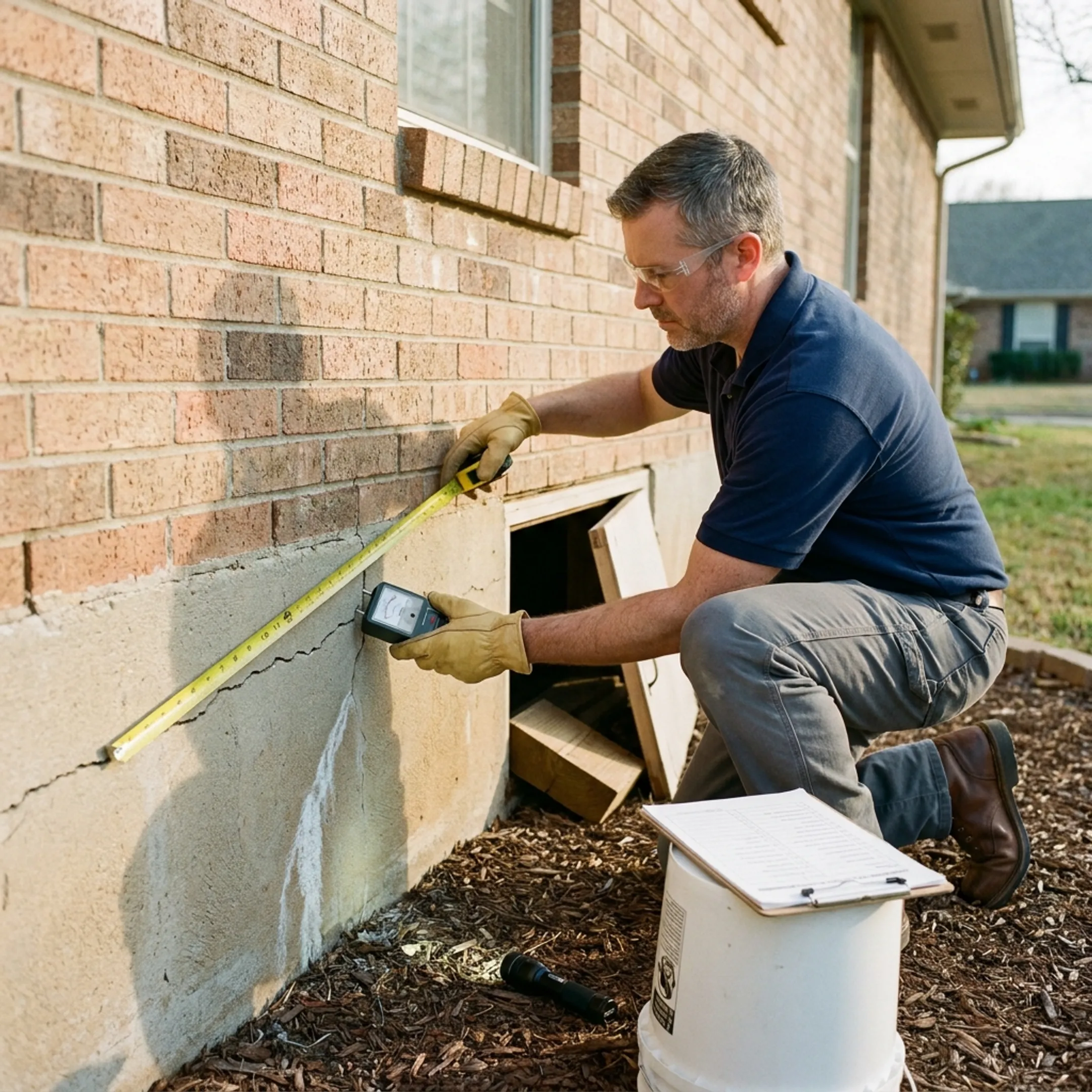 Professional evaluating foundation and basement repair needs