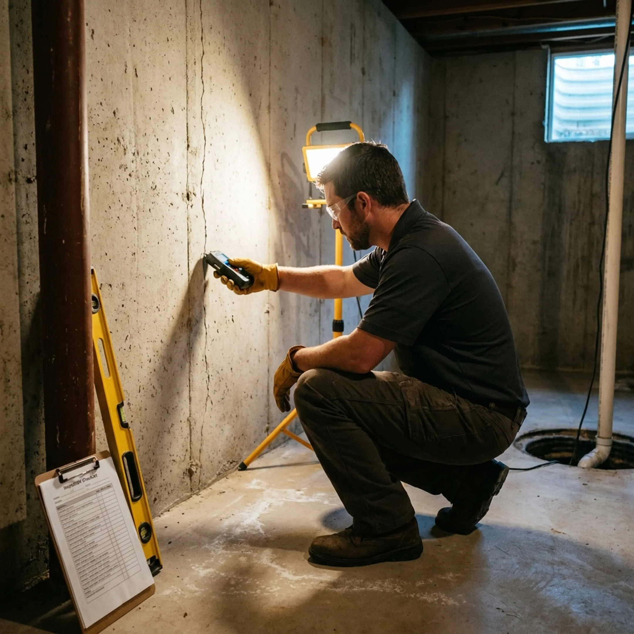 Contractor inspecting a residential foundation and basement exterior