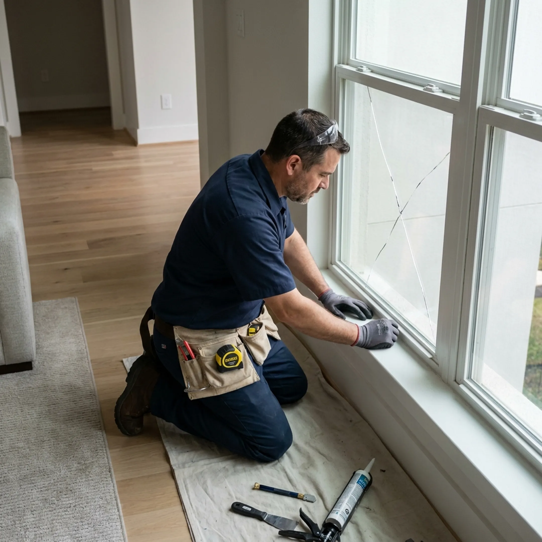 Contractor assessing damaged window glass