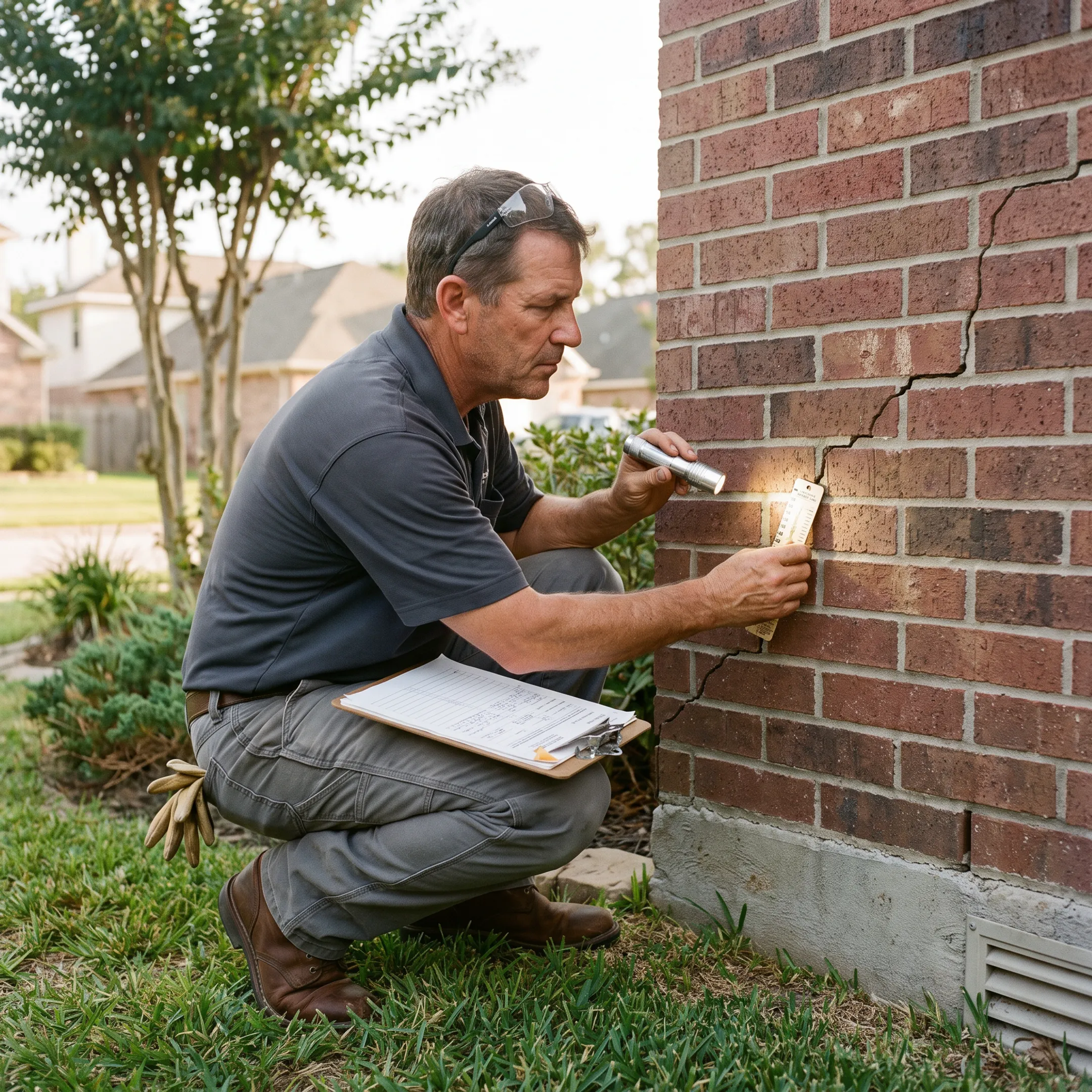 Contractor inspecting a Houston home foundation near a basement wall