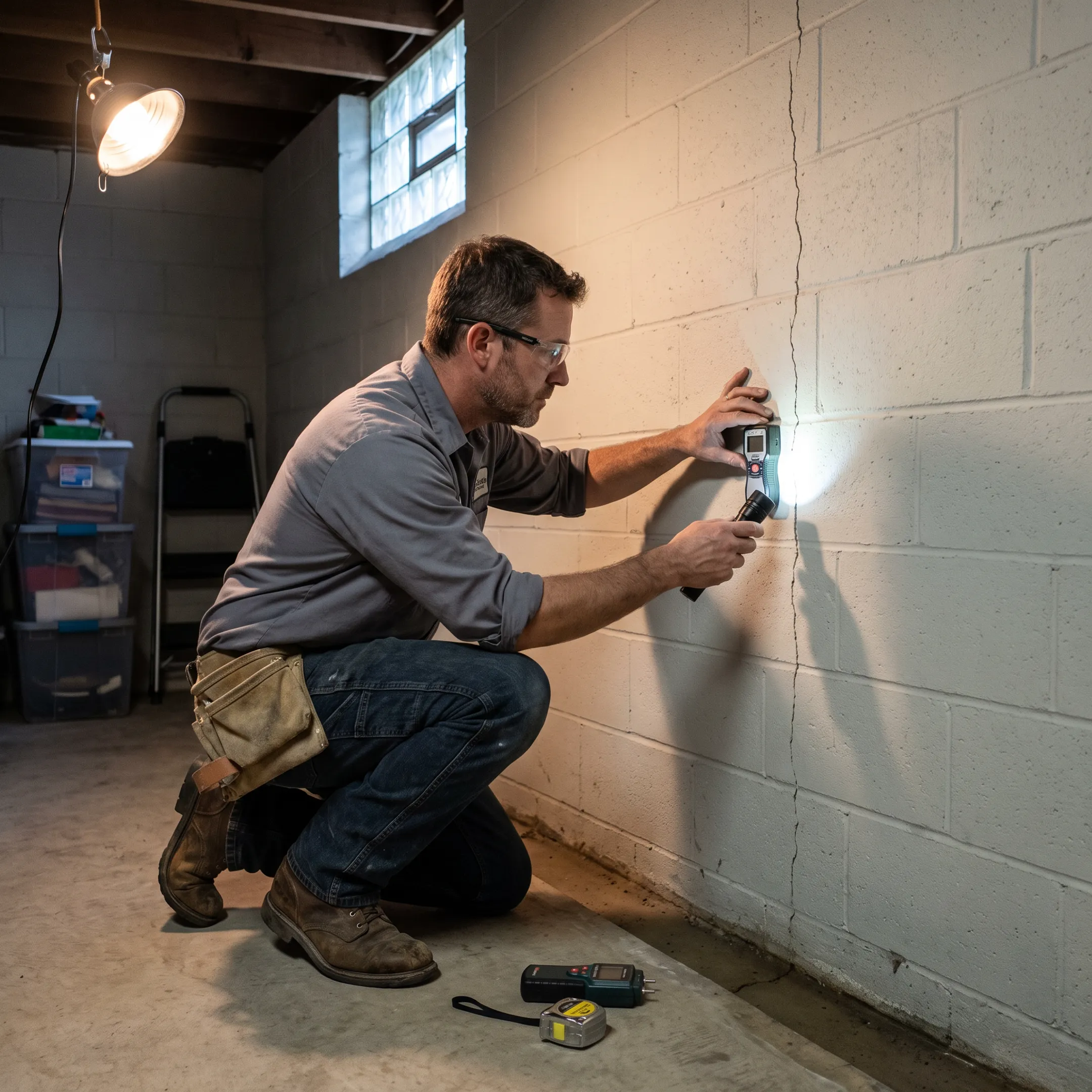 Contractor inspecting a San Antonio home foundation and basement for cracks and moisture