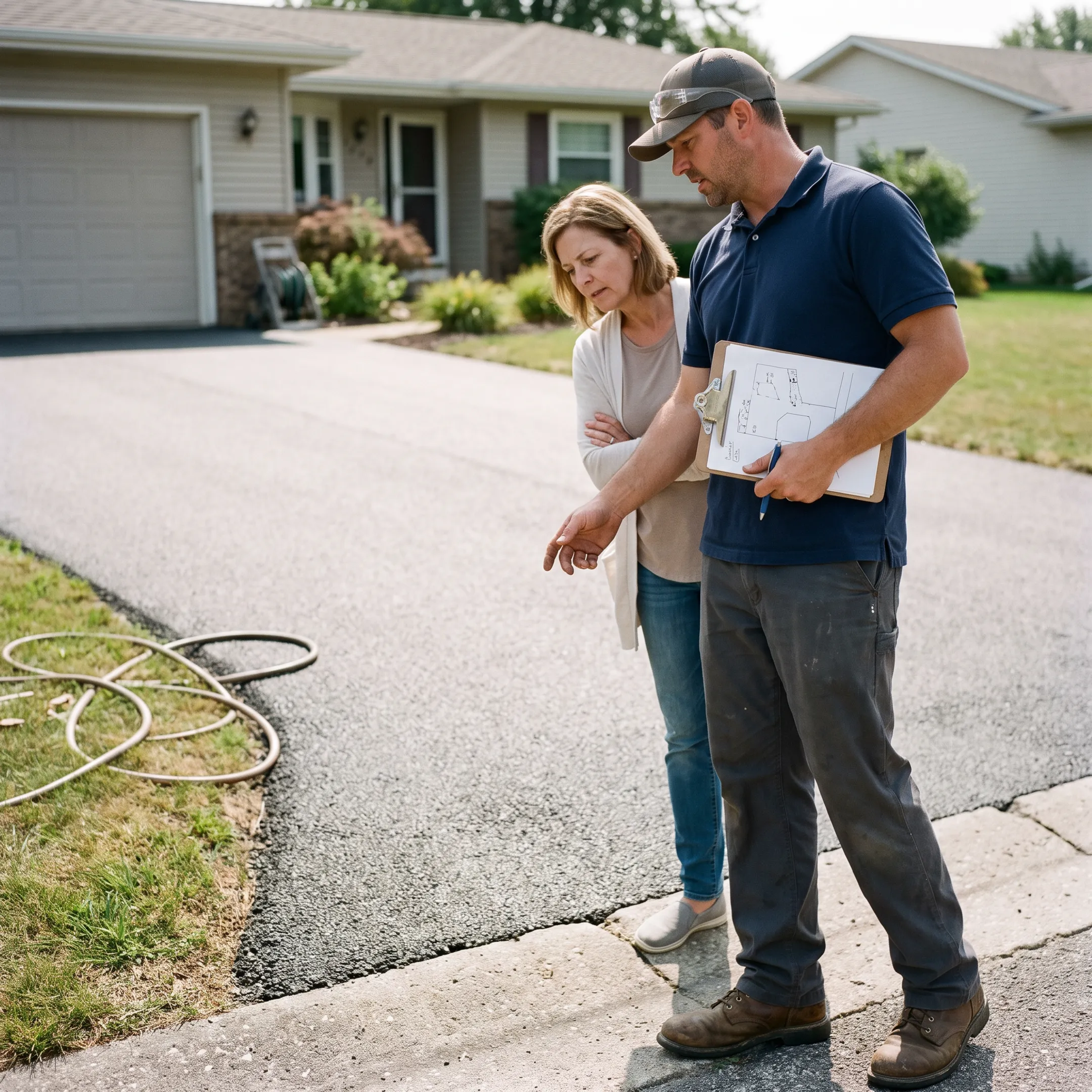 Contractor reviewing asphalt paving plans with a property owner