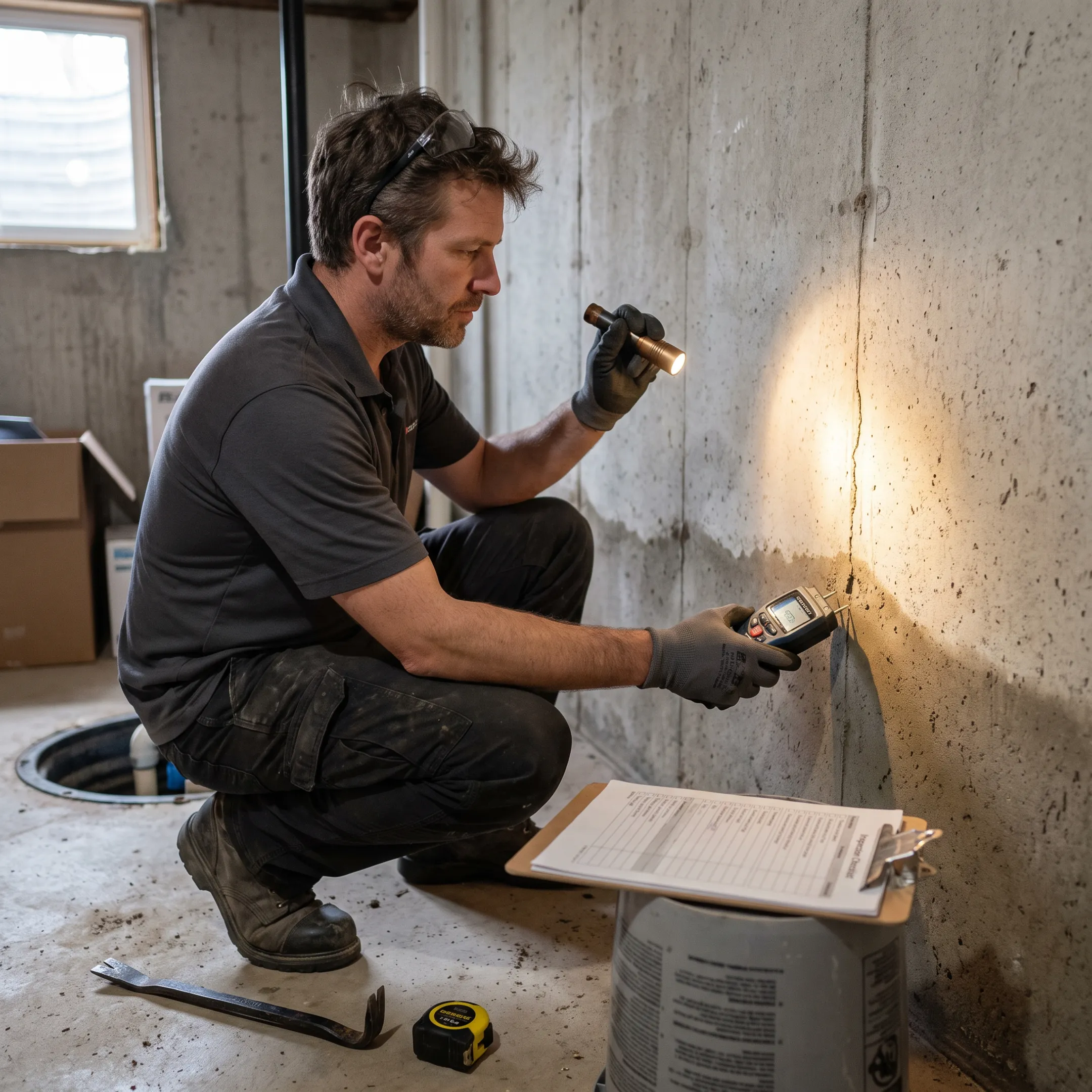 Contractor inspecting a residential foundation and basement in Austin