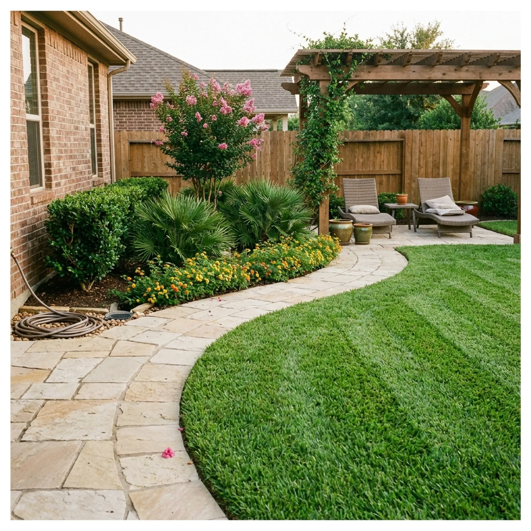 Finished Houston landscape with lawn, planting beds, and stone walkway