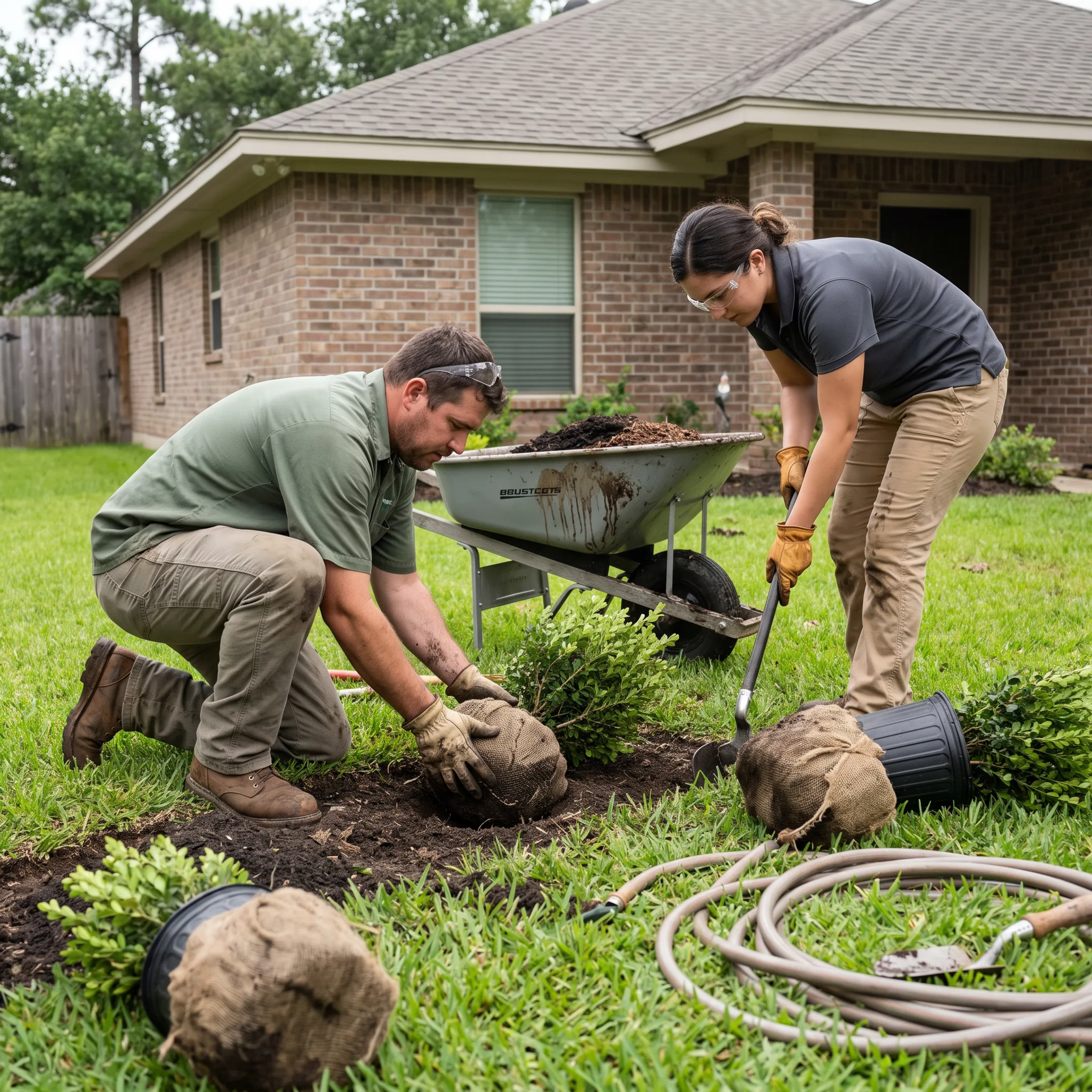 Landscaping professionals designing and maintaining a Houston residential yard