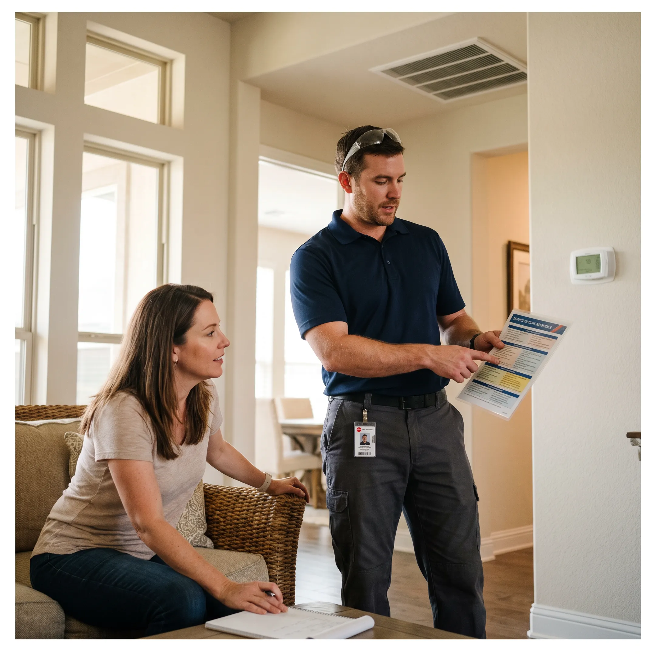 HVAC professional discussing service options with a Texas homeowner