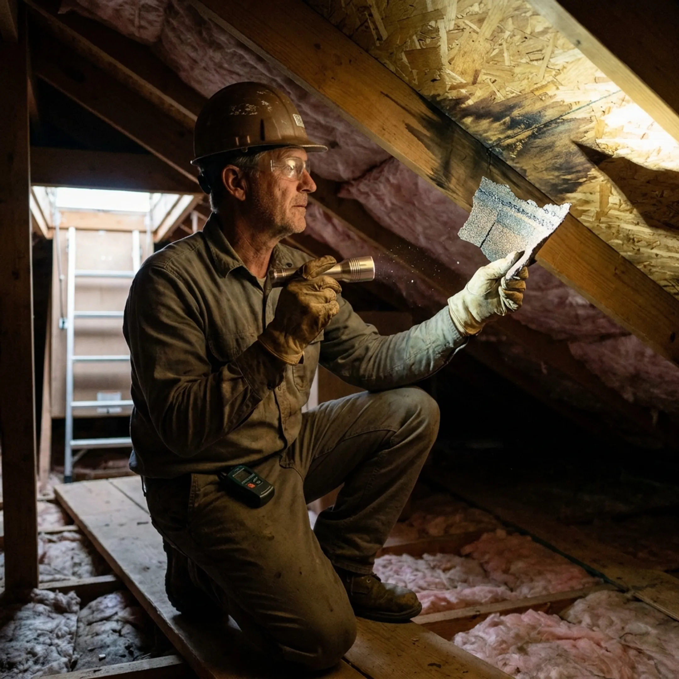 Professional examining roof leak damage on a residential home