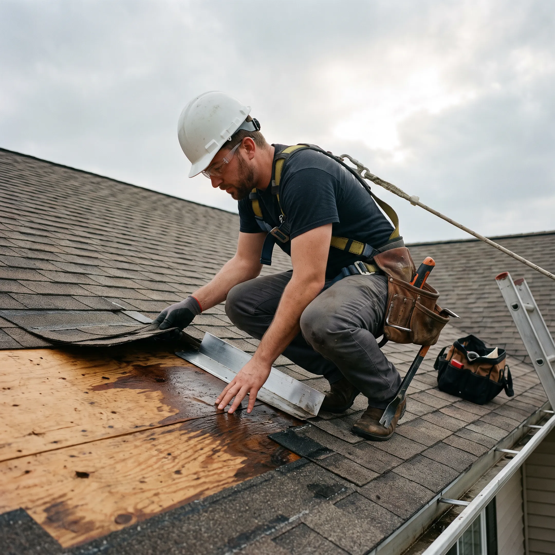 Roofing professional inspecting a leaking San Antonio home roof