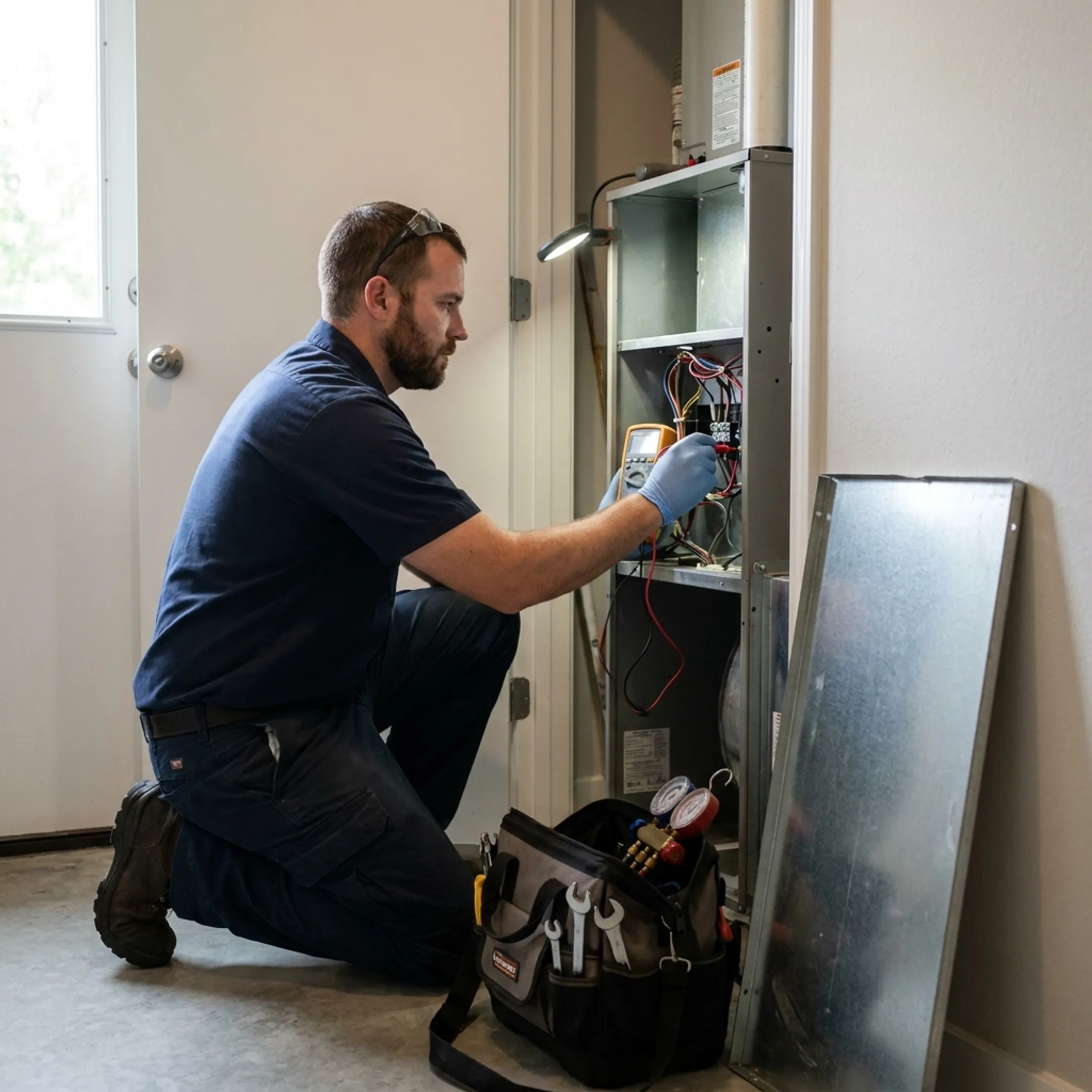 HVAC technician inspecting a residential air conditioning system in an Austin home