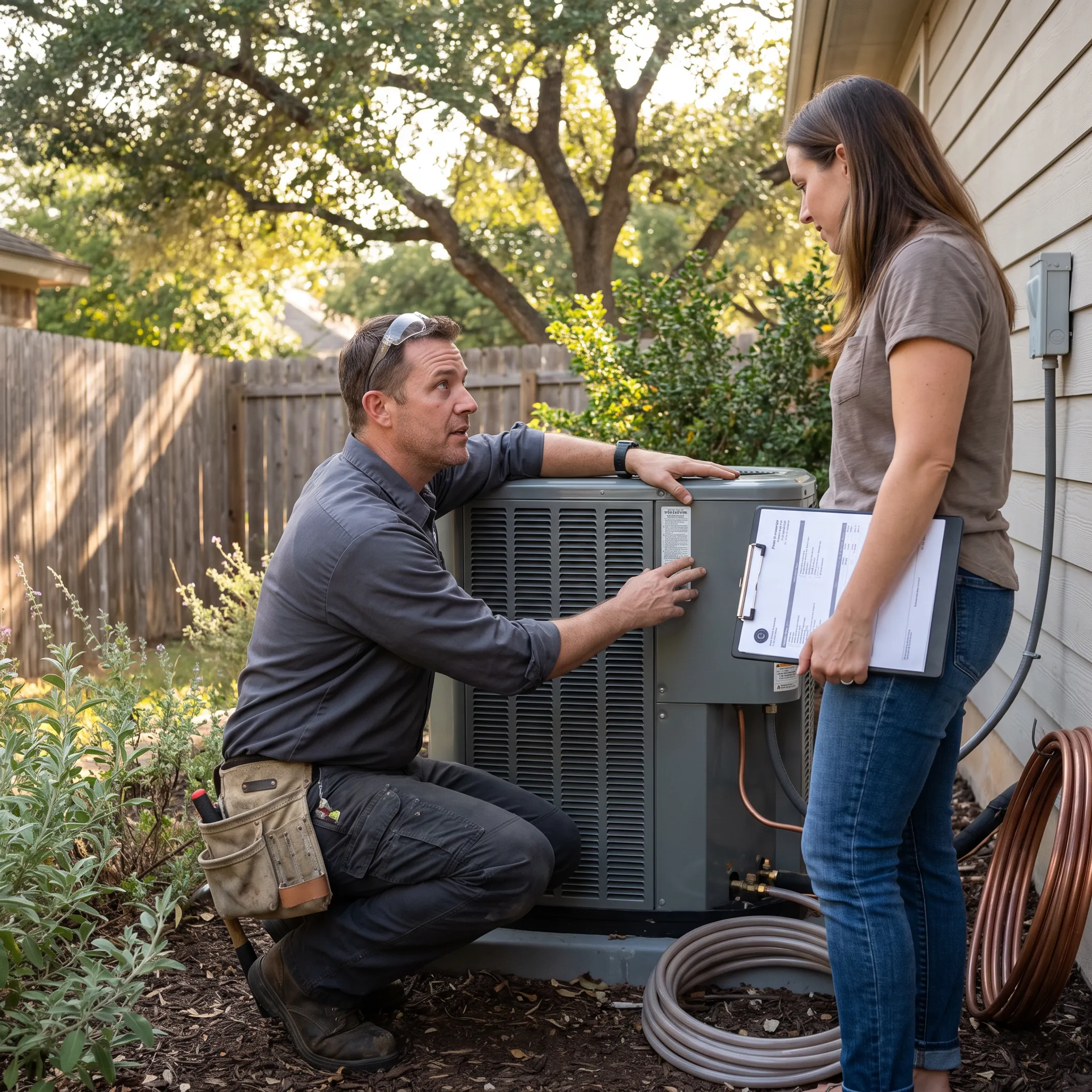 Homeowner discussing HVAC options with a screened contractor beside air conditioning equipment