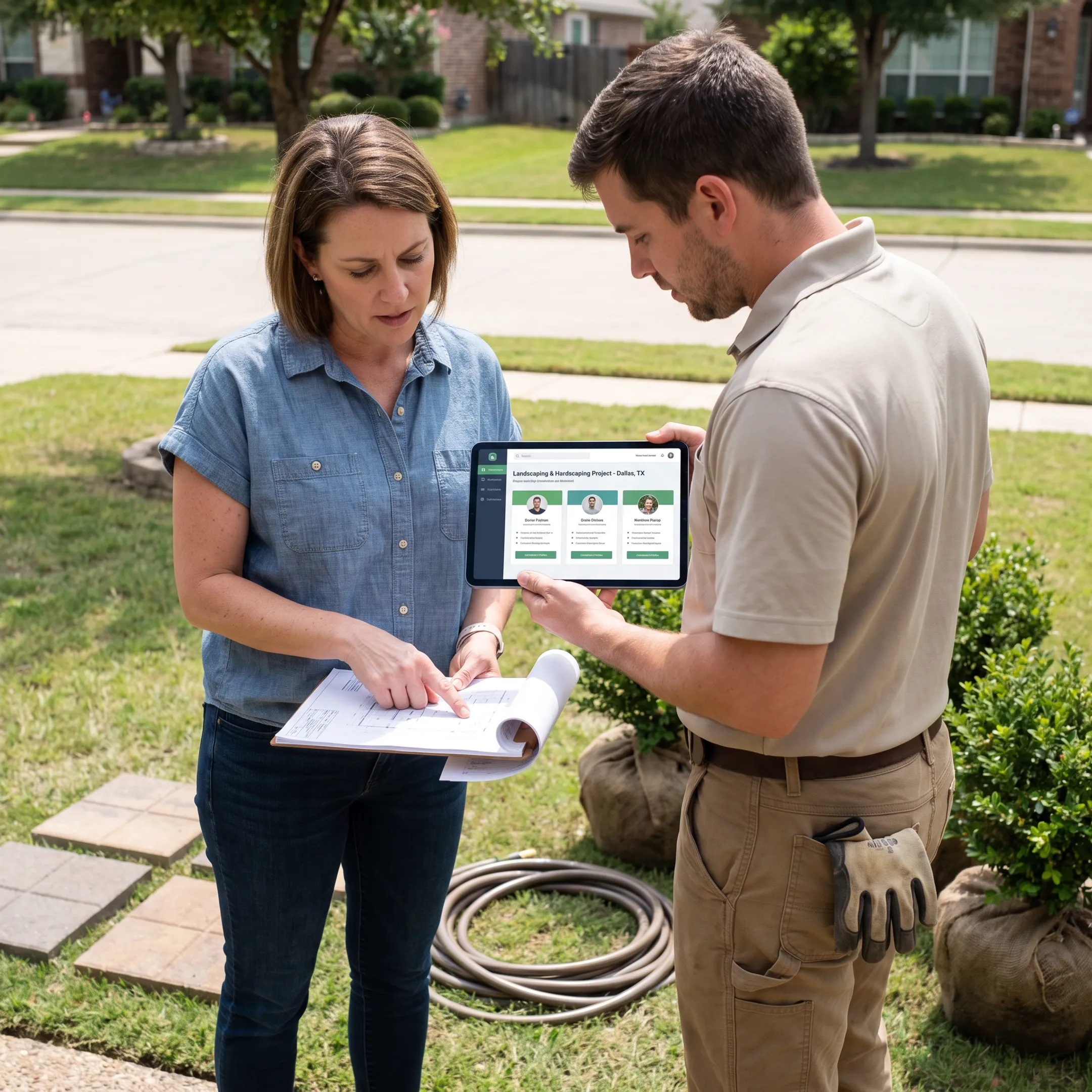 Homeowner reviewing a Dallas landscaping plan with a contractor