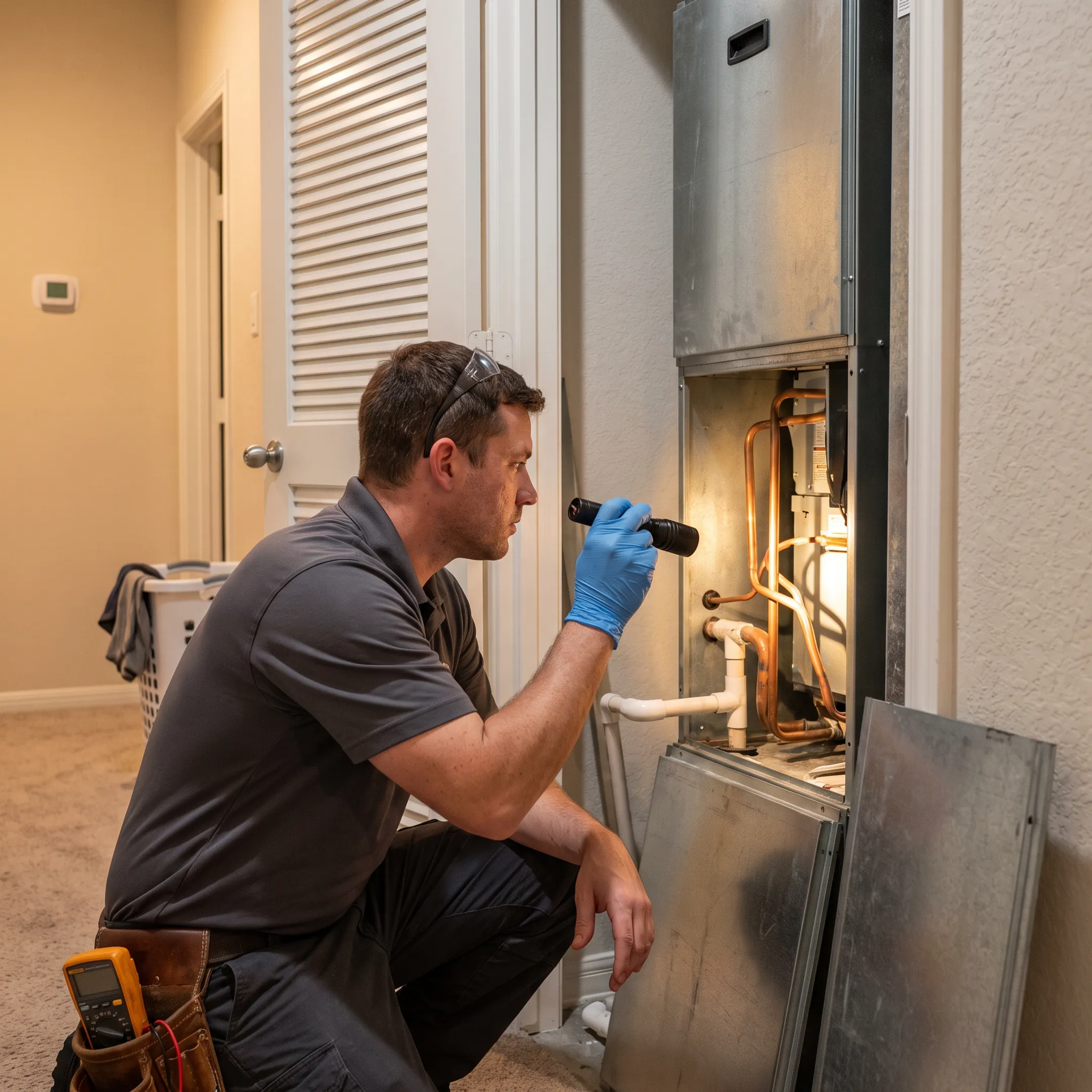 HVAC technician inspecting a residential heating and air conditioning system in Houston