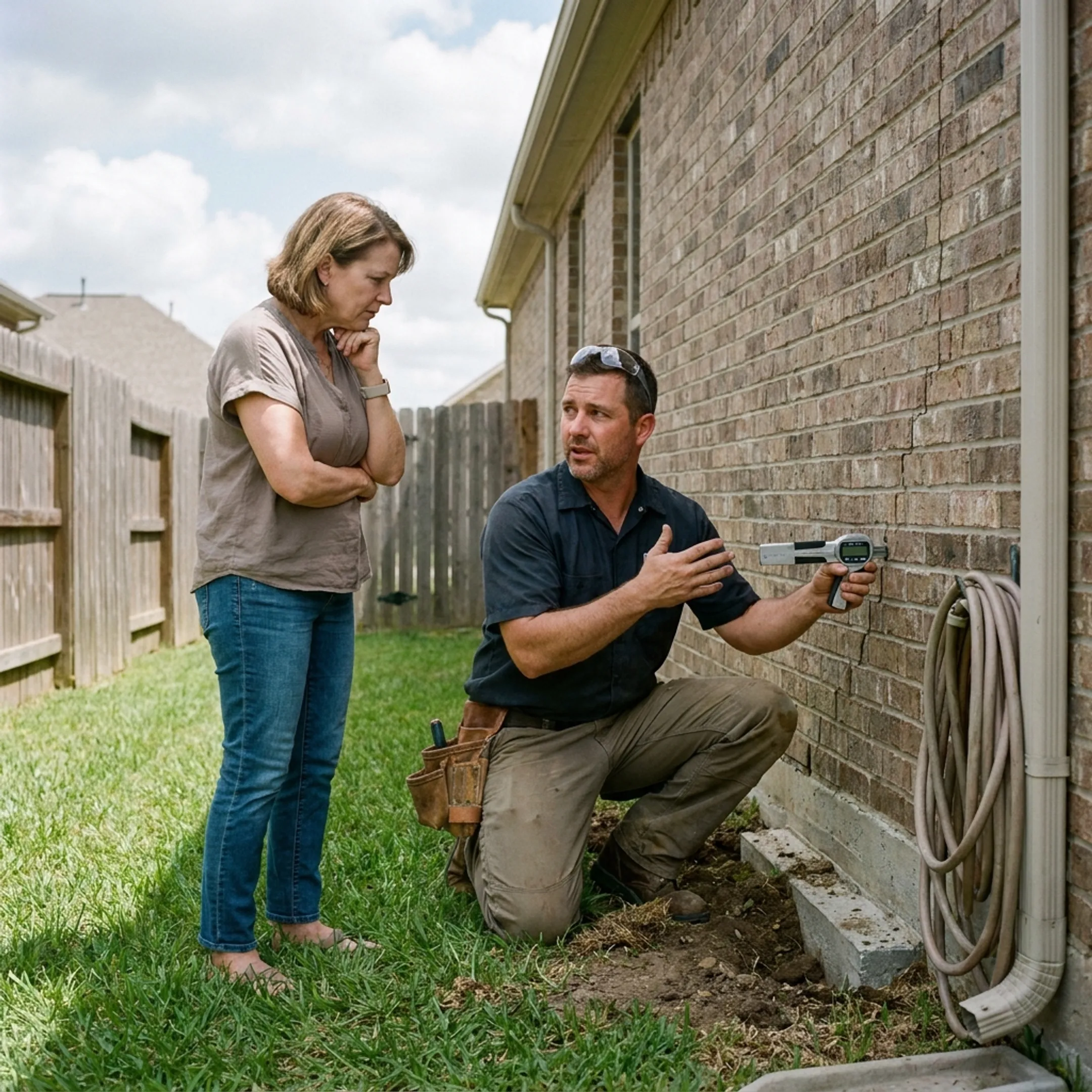 Foundation specialist reviewing repair plans with a homeowner
