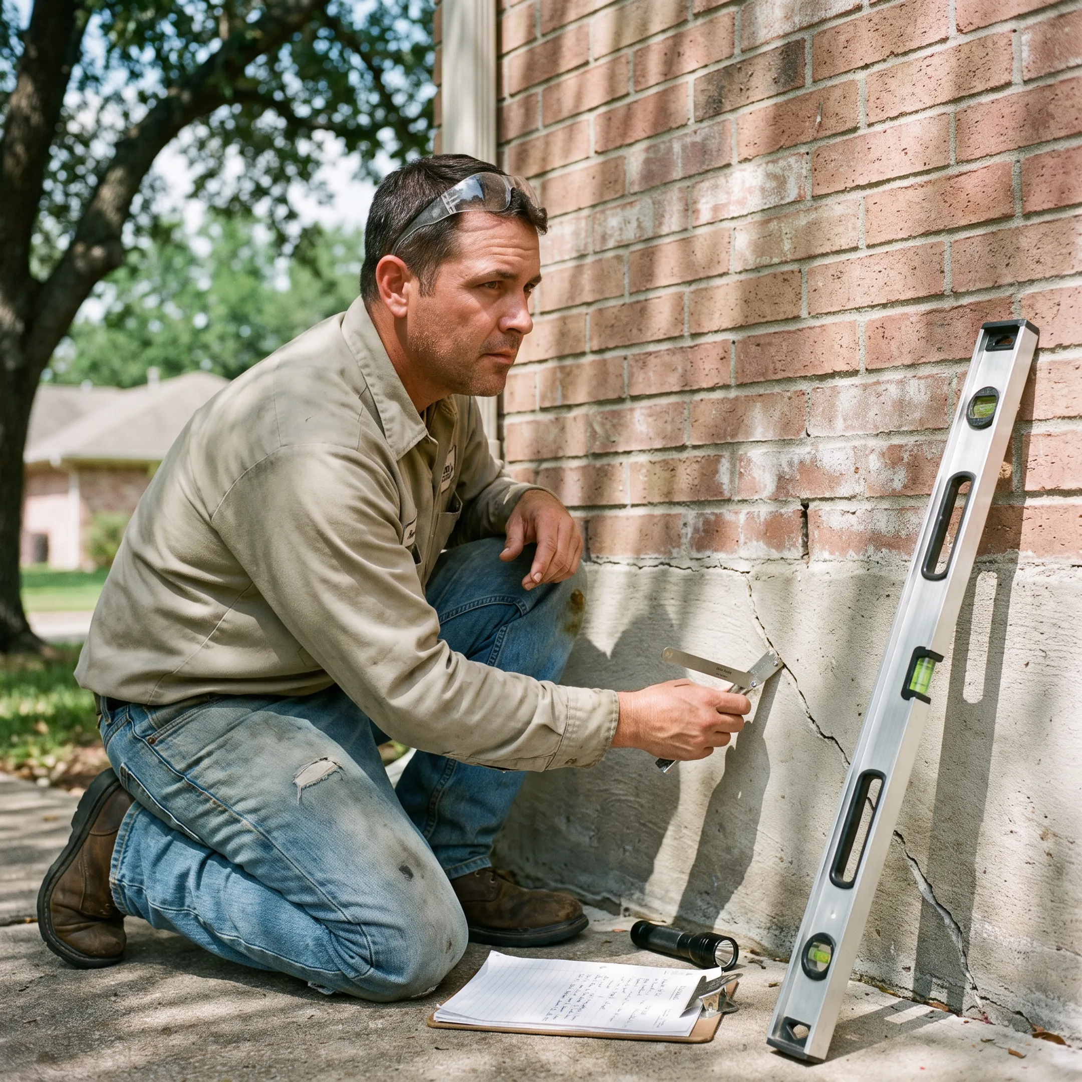 Contractor inspecting a residential foundation in Houston