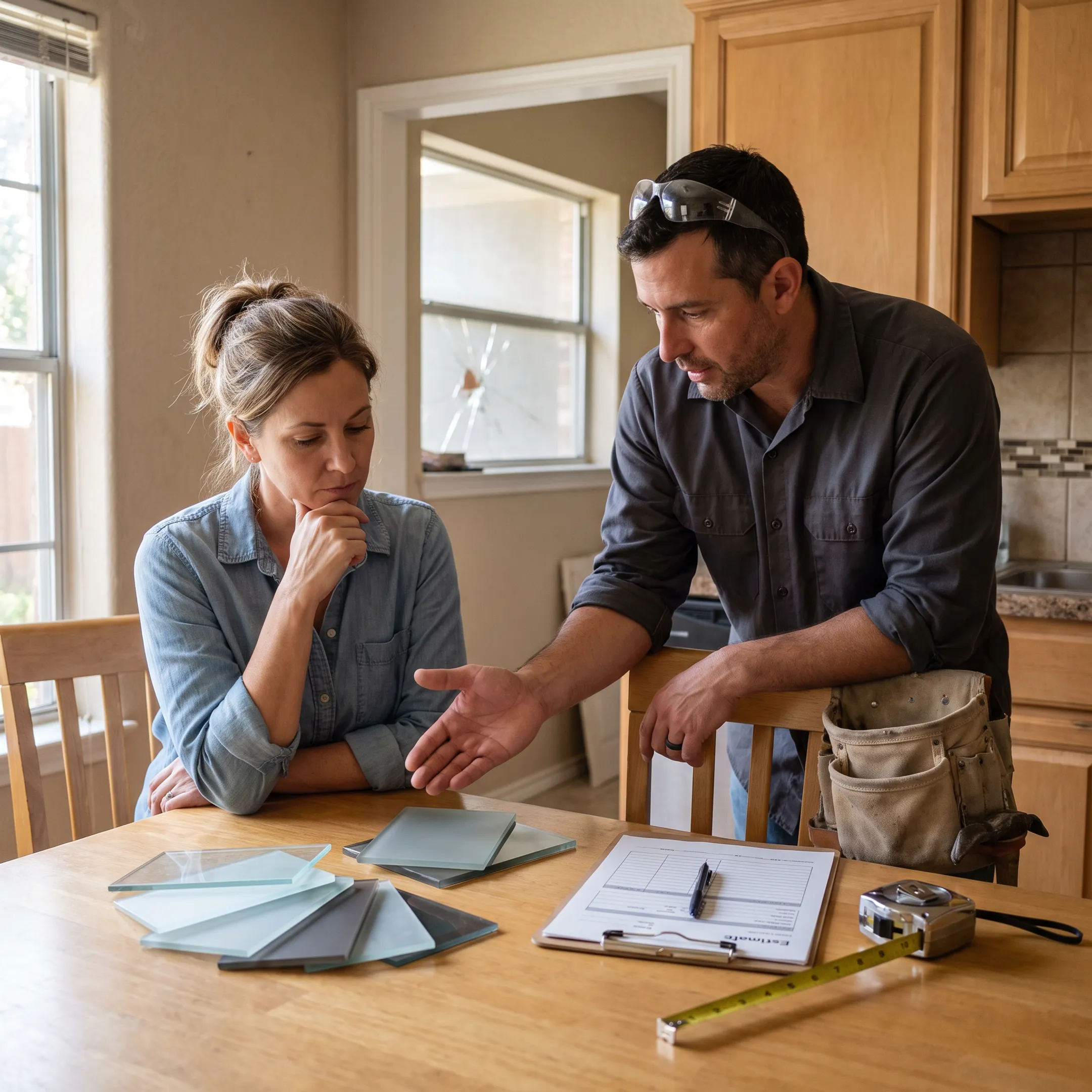 Homeowner reviewing window repair estimates with a contractor
