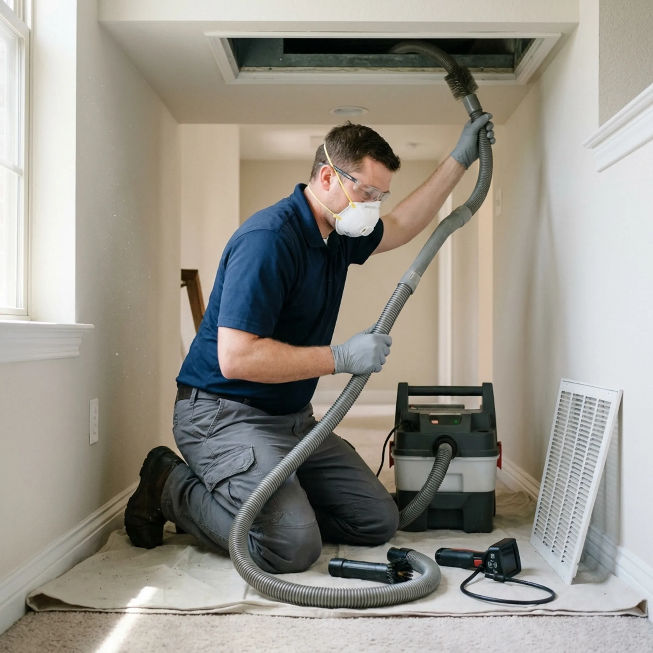 HVAC technician cleaning residential air ducts in a Dallas home