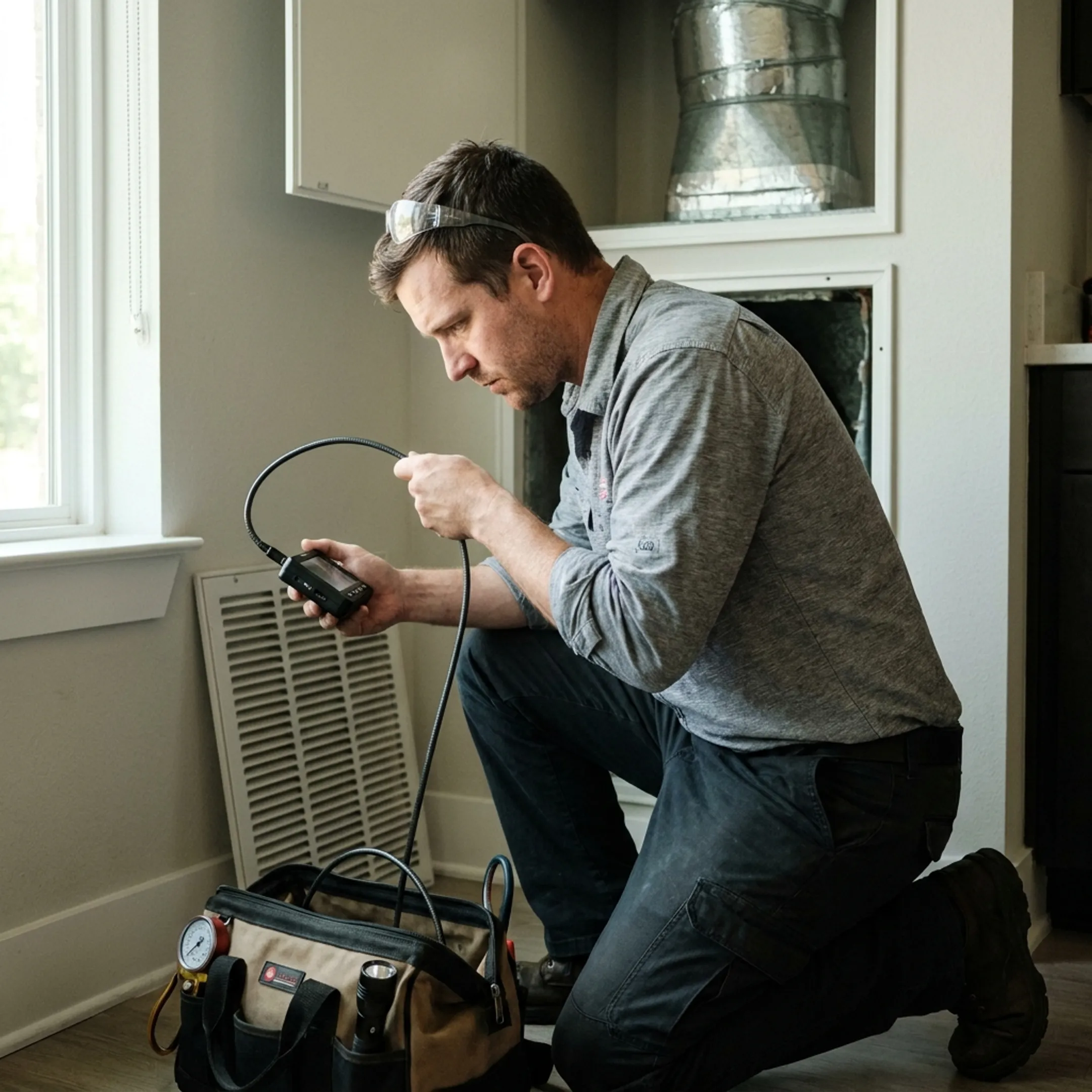 Technician inspecting clean HVAC ductwork in a Dallas residence