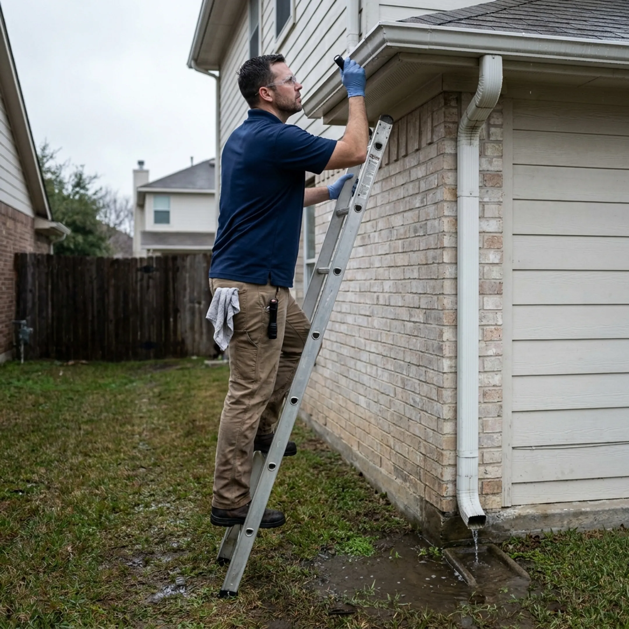 Professional evaluating gutter drainage at a San Antonio residence