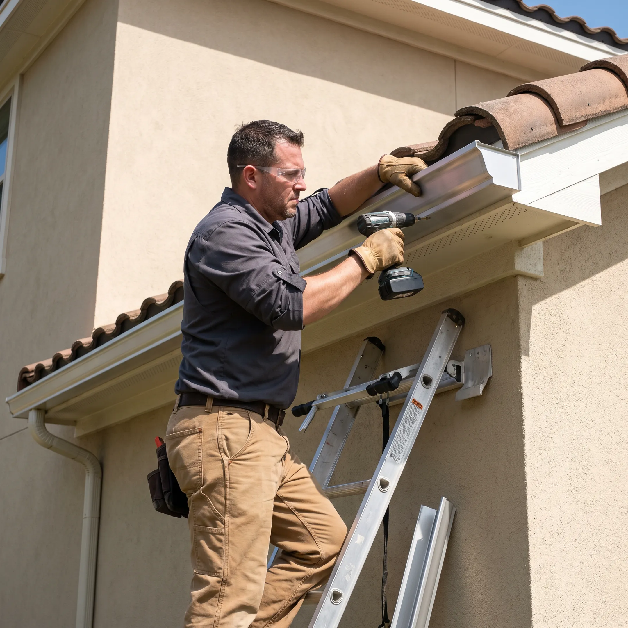 Contractor installing gutters along a San Antonio home roofline