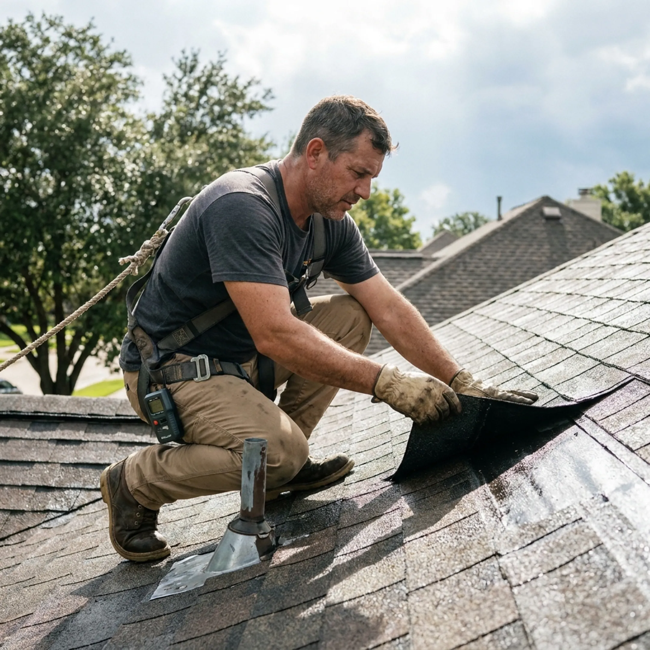 Roofing professional inspecting a Houston home roof after storm damage