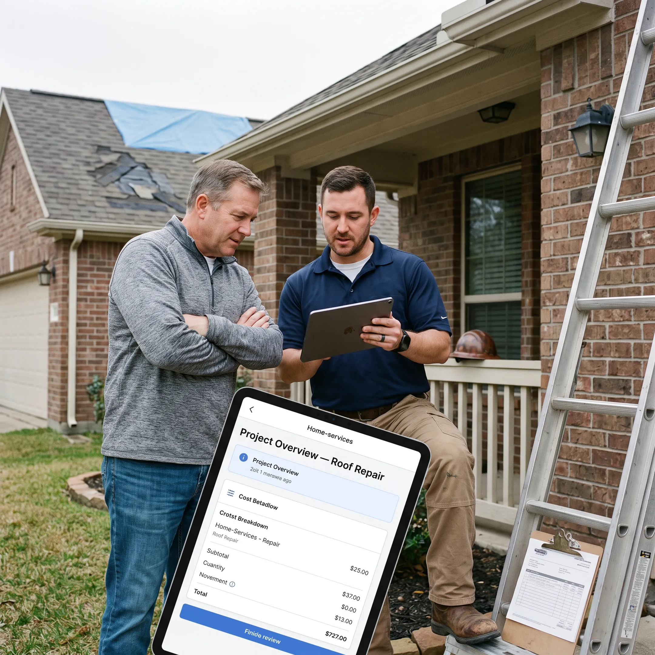 Homeowner reviewing roof repair estimates with a roofing professional